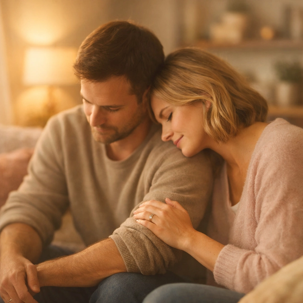 Egymást támogató pár a kanapén, a szexuális tanácsadás és az intim kapcsolat helyreállítása.