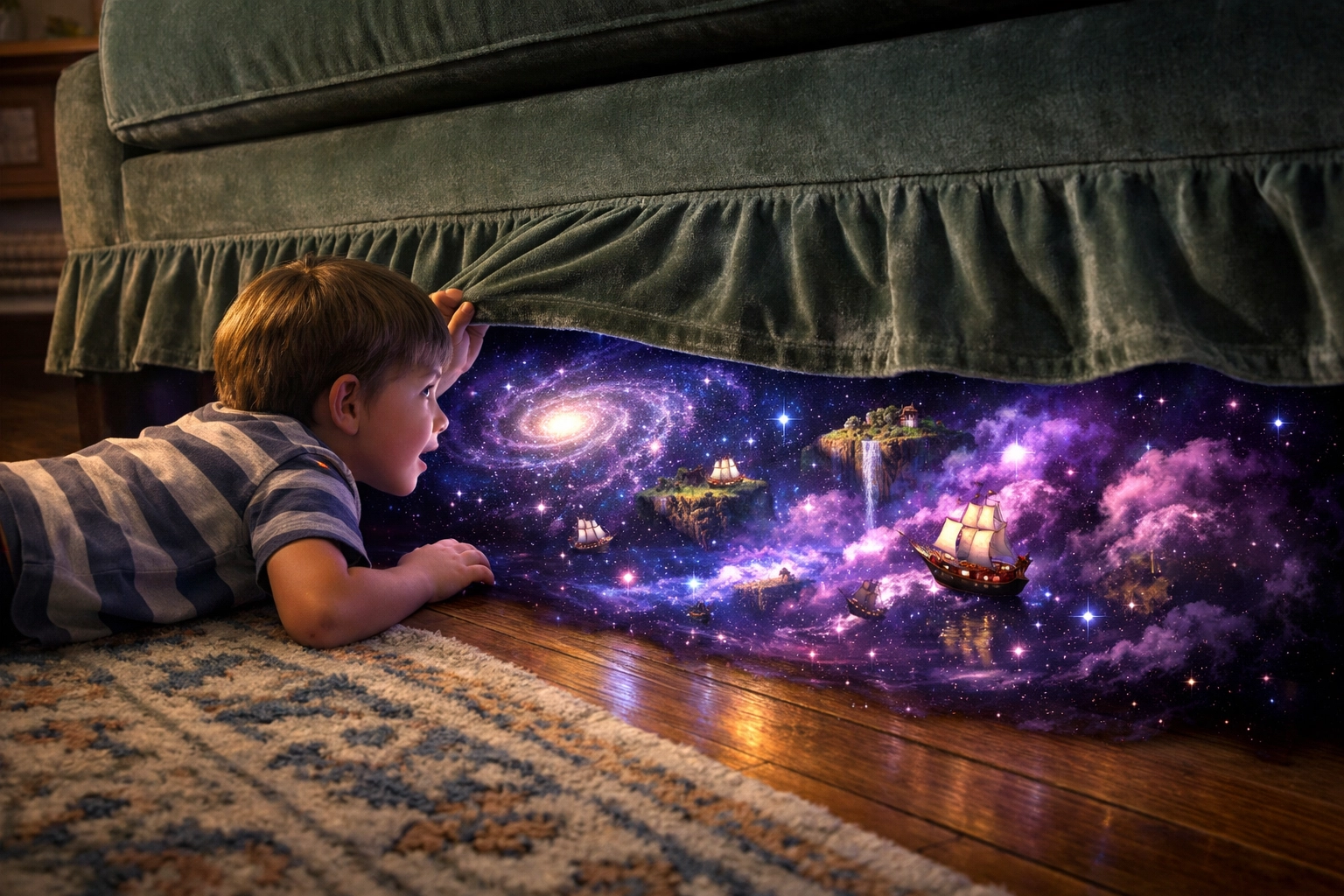 A child peering under the couch to find a glowing galaxy and endless magical adventure.