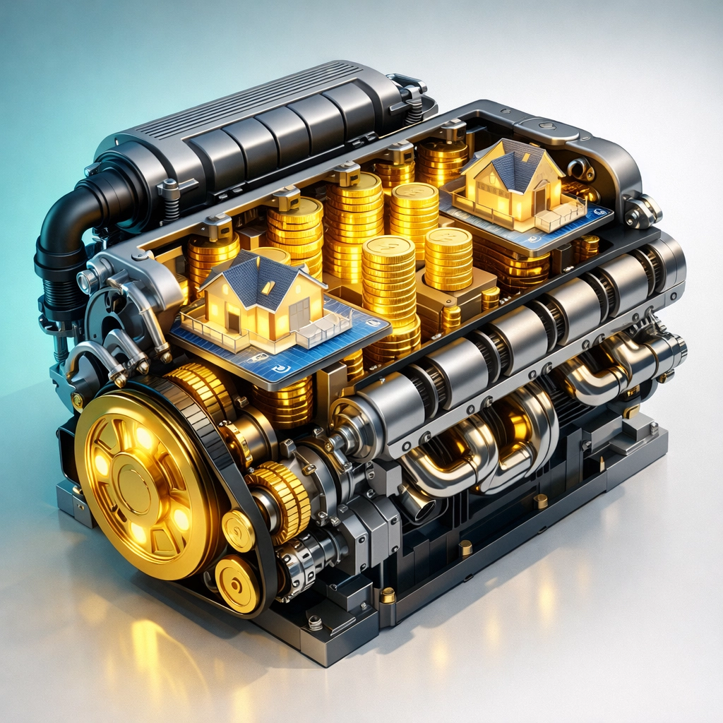 Abstract engine with gold coins representing a high-performance property management profit center.