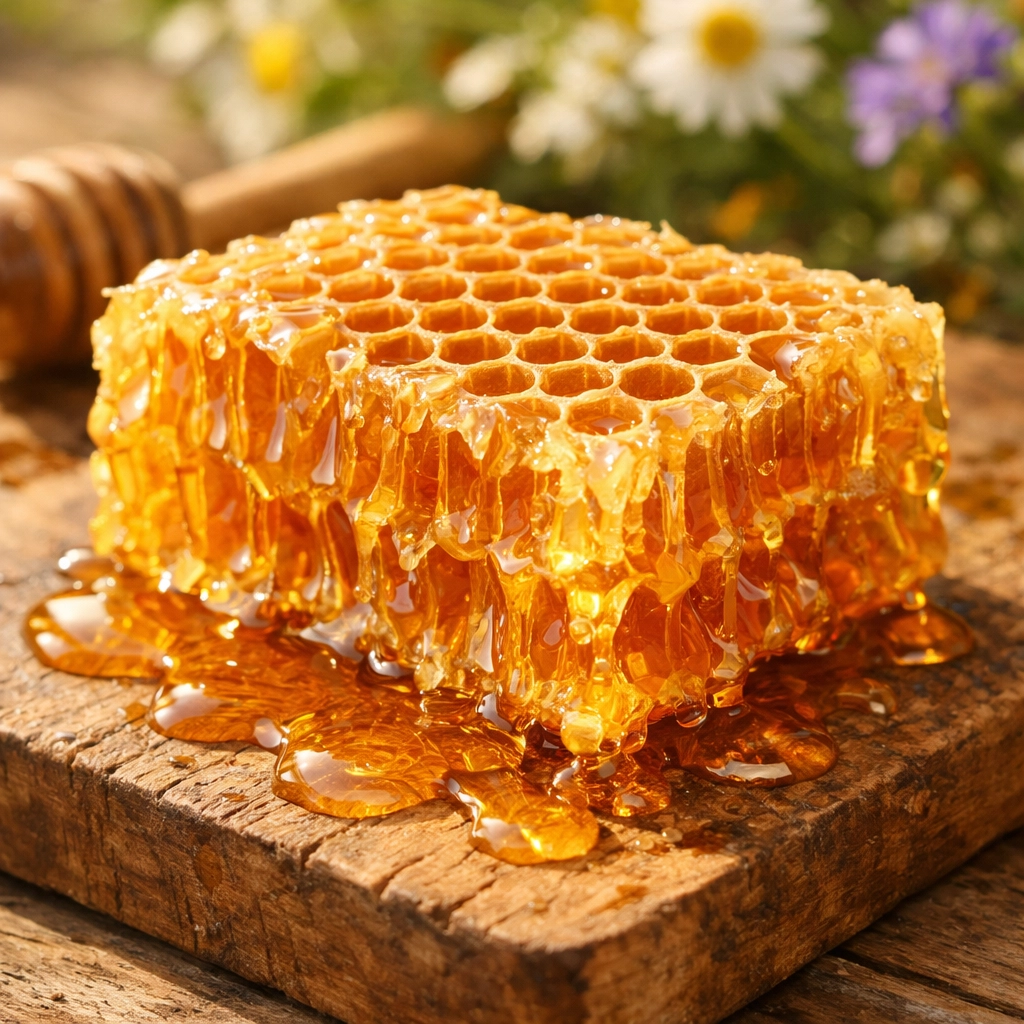 Raw wildflower honeycomb dripping with golden honey showing edible hexagonal wax cells
