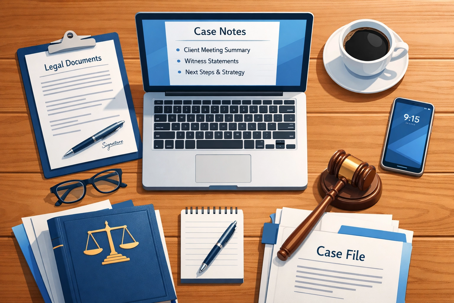 Organized legal workspace showing divorce lawyer's attention to detail