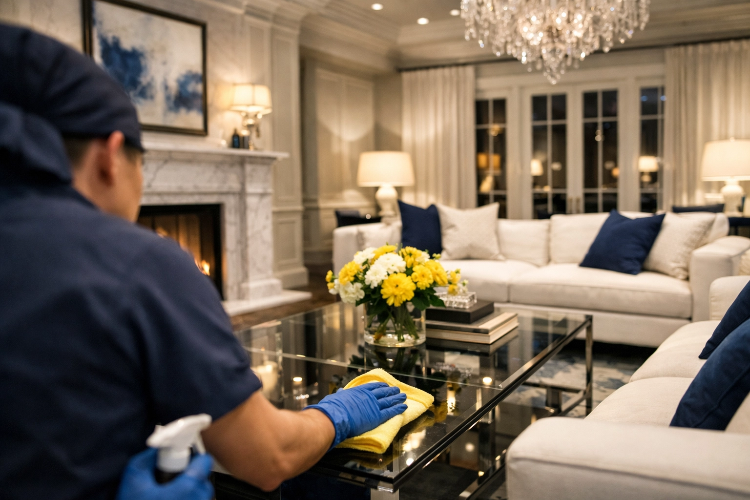 A professional maid service Worcester expert detailing a luxury living room for a thorough house cleaning.