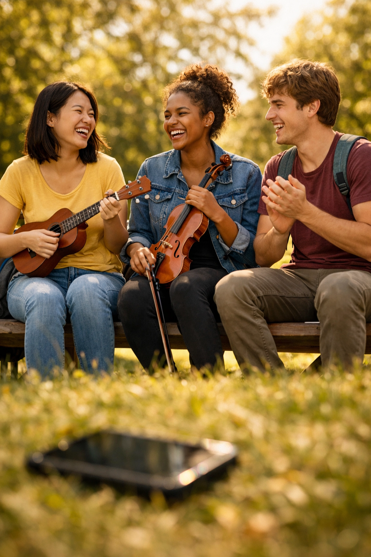 Students playing ukulele and violin together in a park, choosing musical community over scrolling on a smartphone.