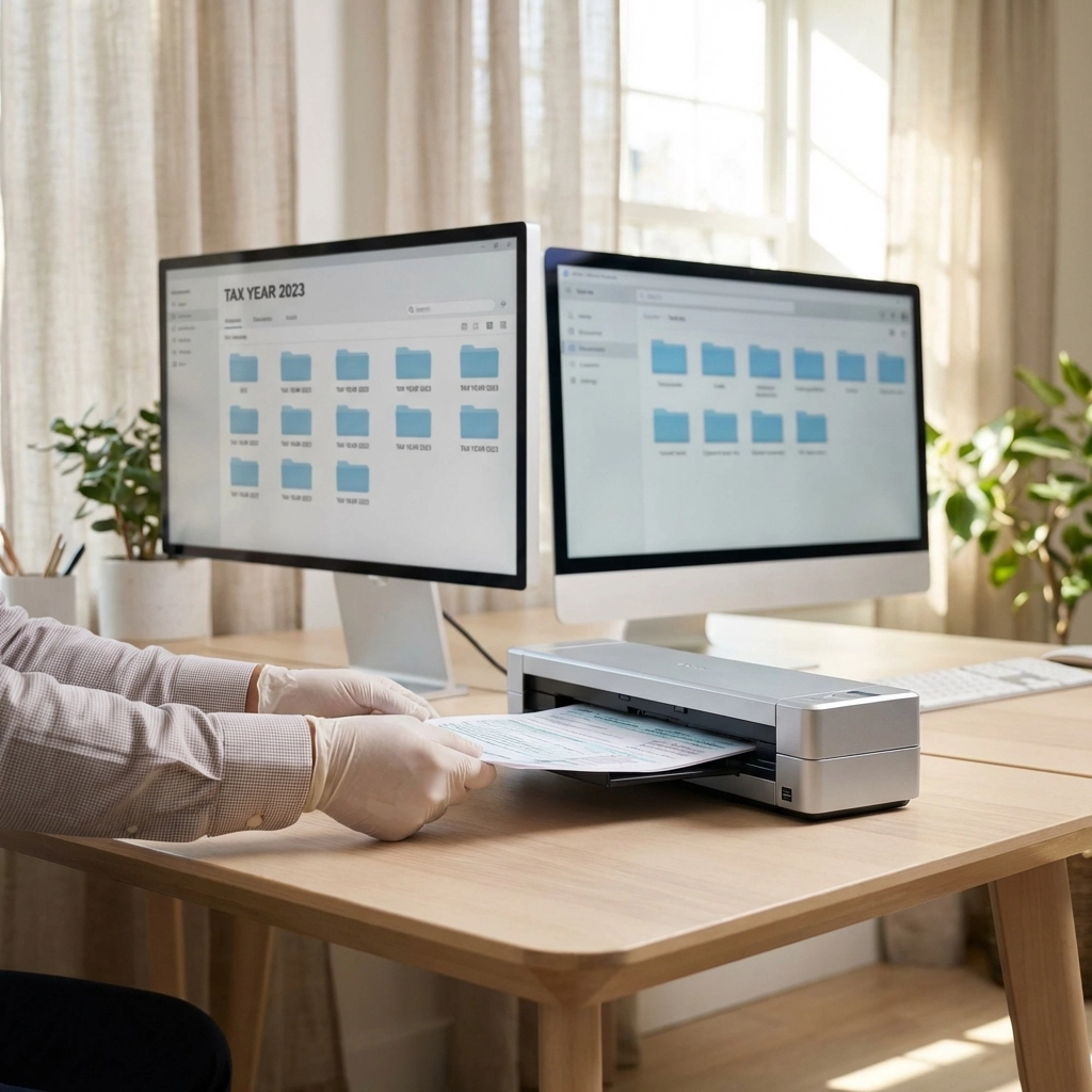 Tax professional using document scanner in a bright office for efficient data processing and digital storage
