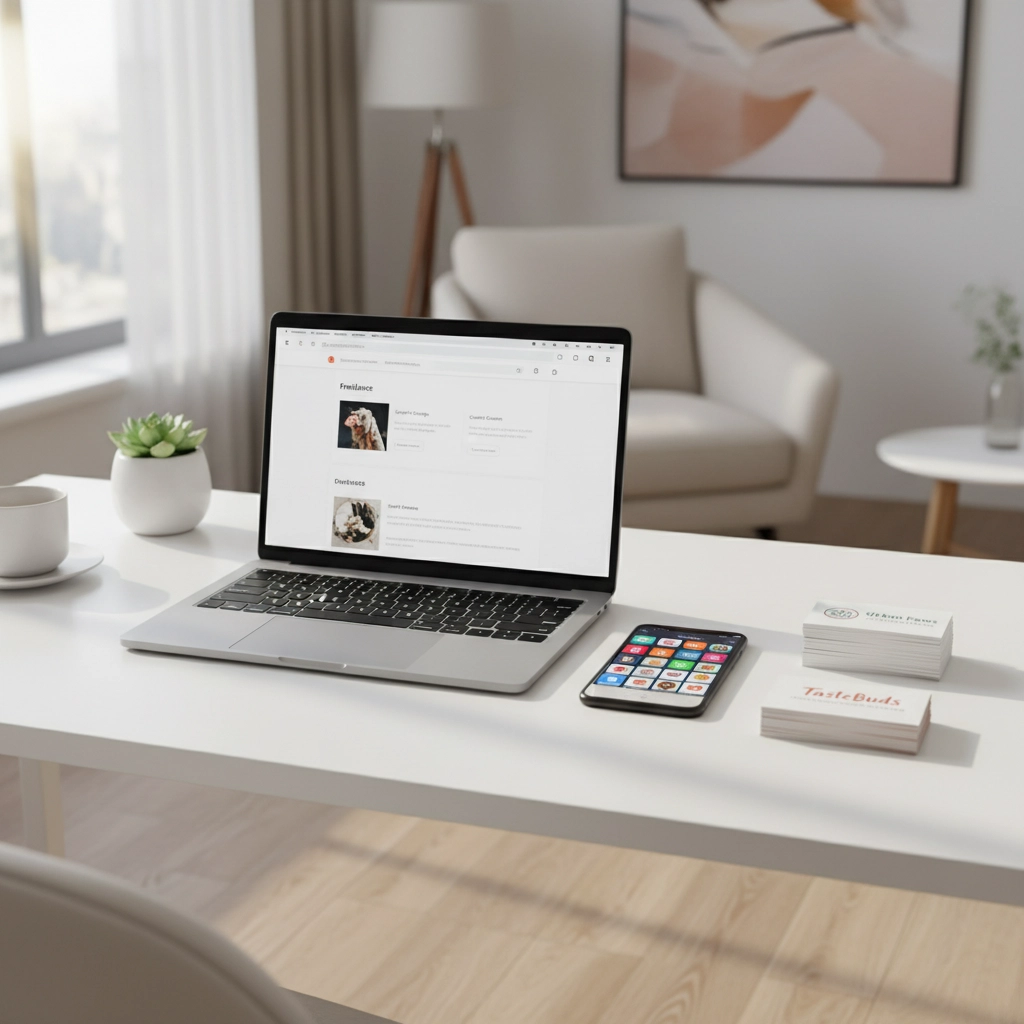 Laptop displaying a blog on a white desk with a phone, plant, and business cards. Modern, bright room with a window and minimal decor.