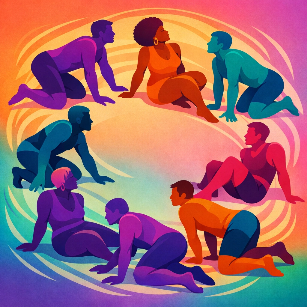 Playful LGBTQ+ individuals expressing freedom through puppy play movement and poses