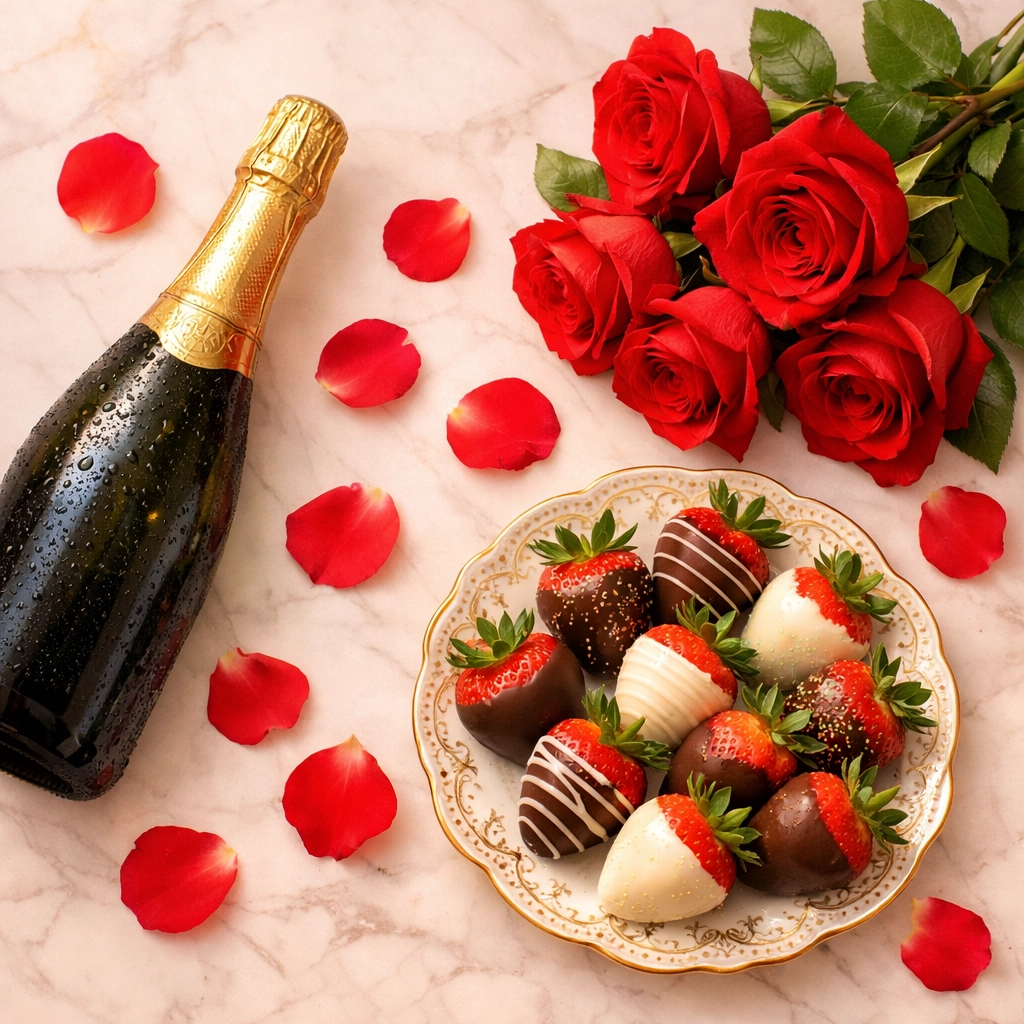 Valentine's Day add-ons: champagne, fresh red roses, chocolate strawberries and rose petals