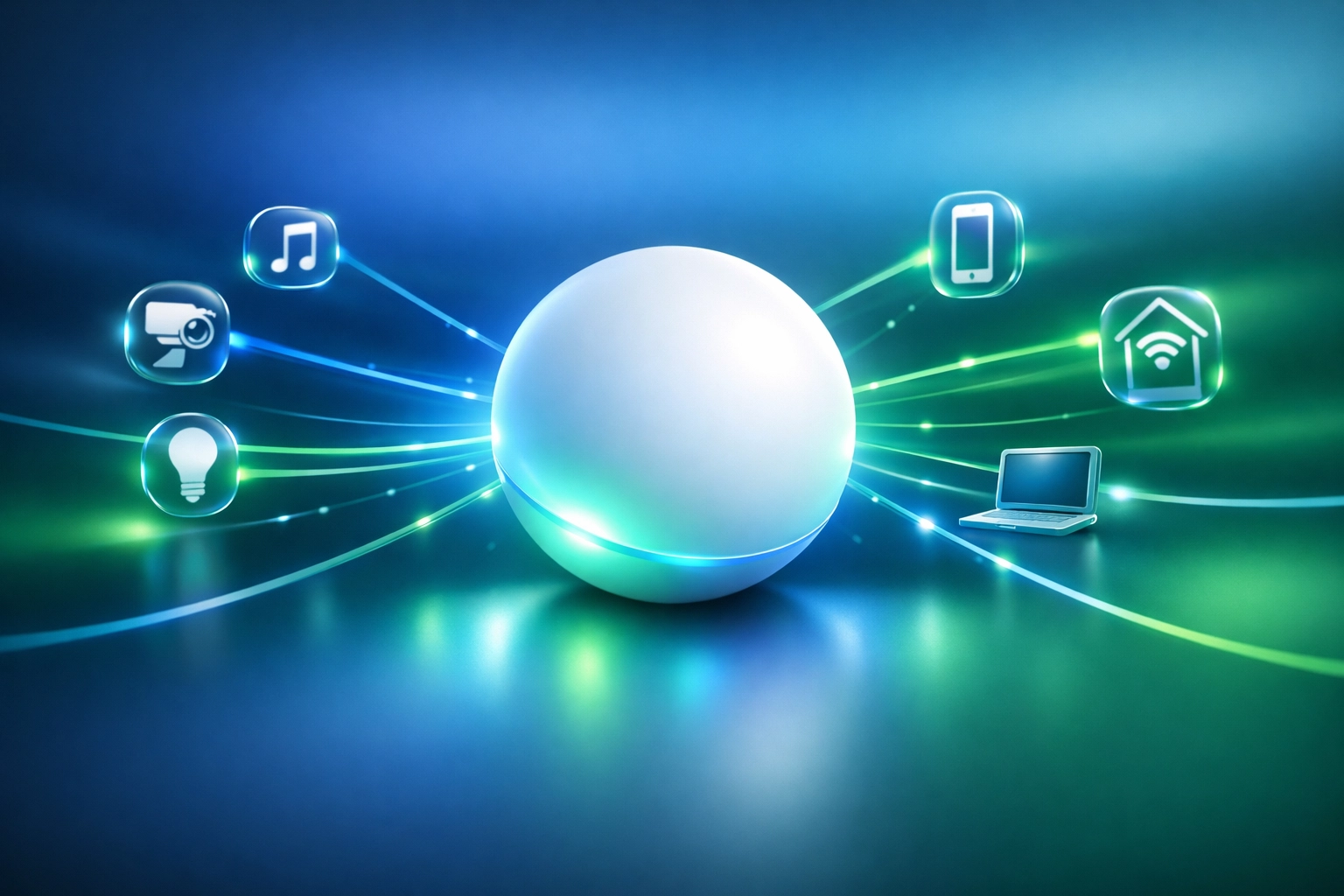 Modern mesh Wi-Fi system connecting multiple devices, providing high-speed internet throughout a home or office.