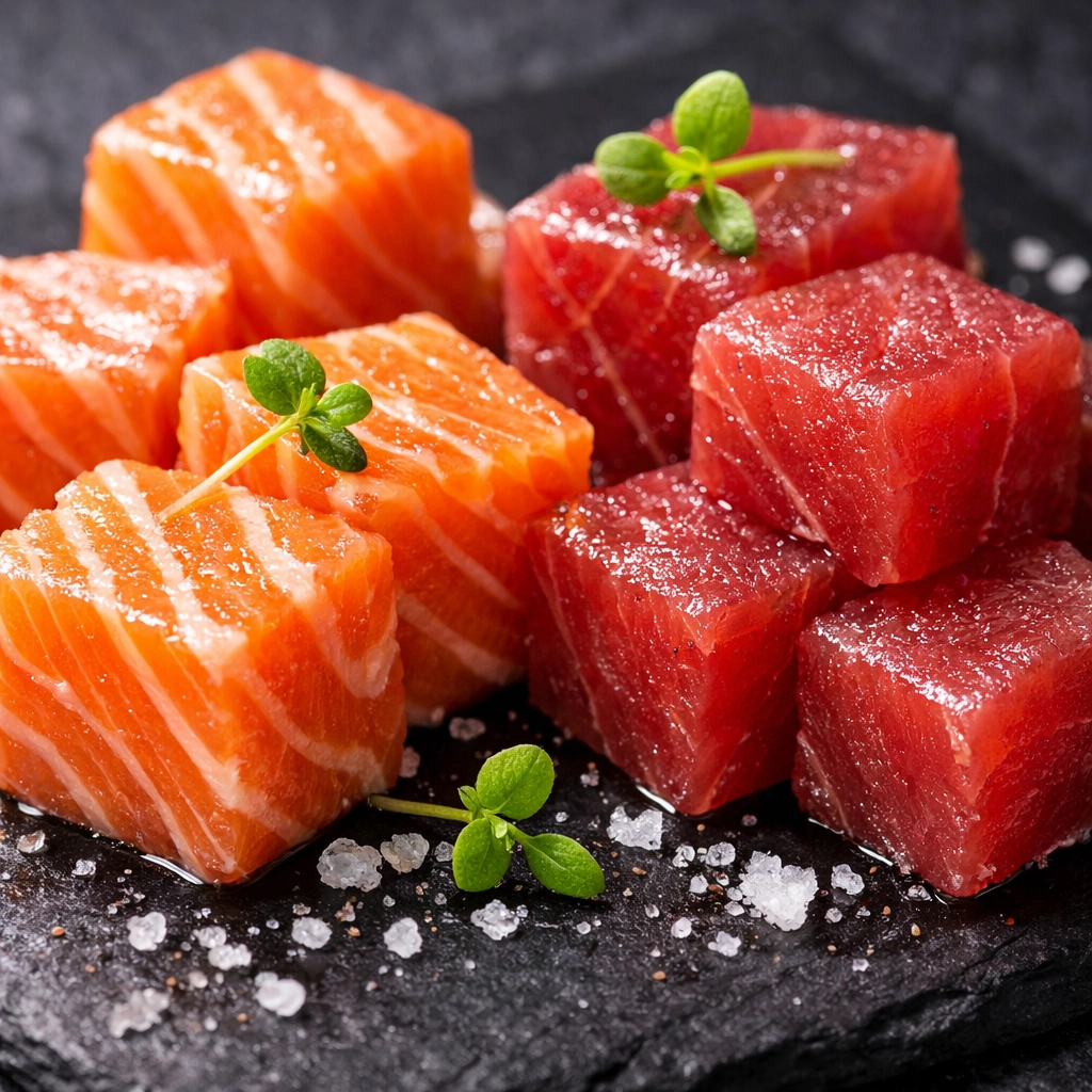 Dés de saumon et thon frais pour un poke bowl sain et fait maison chez Oh My Bowl.