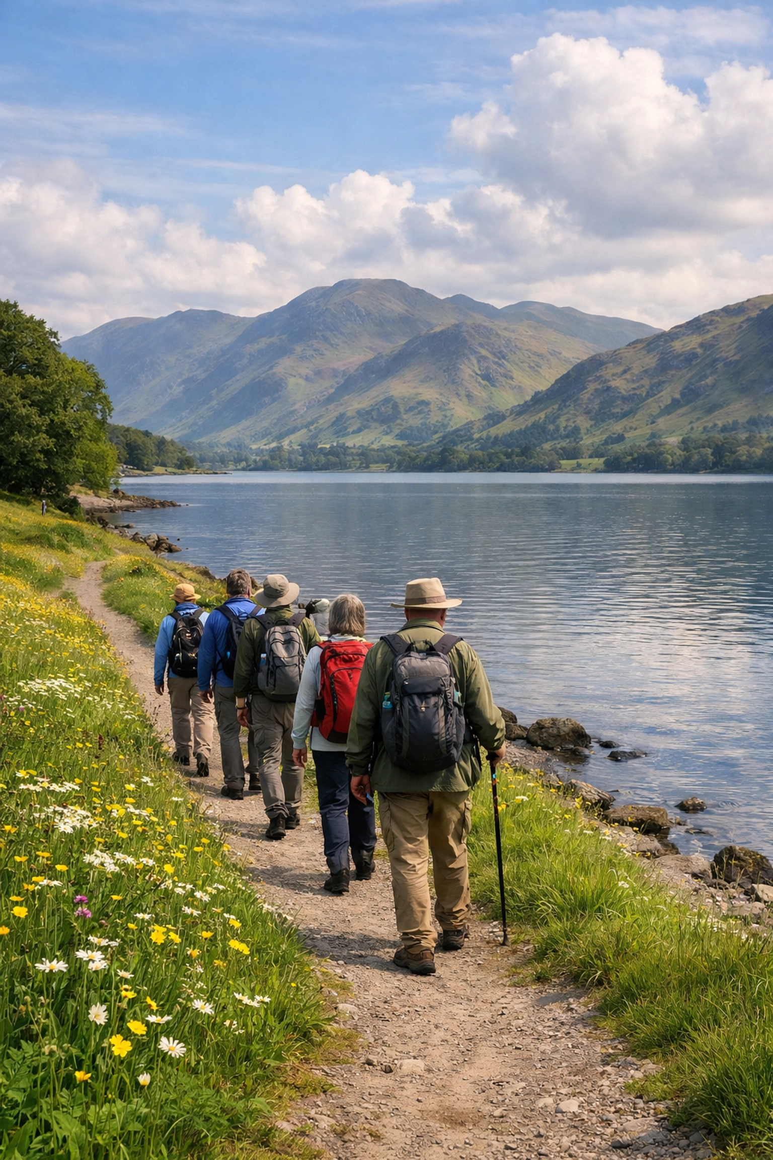 Guided walks Lake District group following tour leader along scenic lakeside path