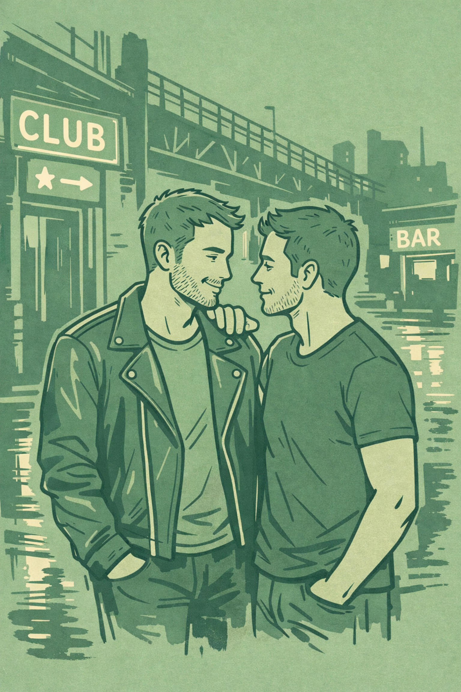 Two men outside Connection Berlin gay nightclub entrance at night with neon lights