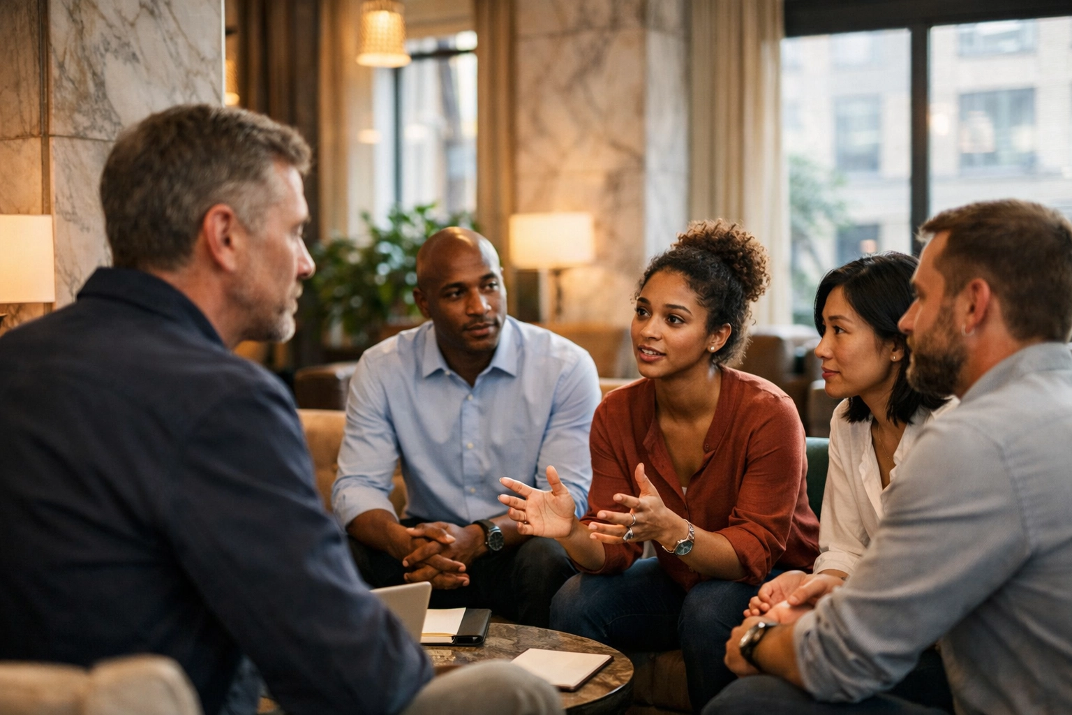 A collaborative team huddle in a sophisticated hotel lobby, reflecting a strong leadership and ownership culture.