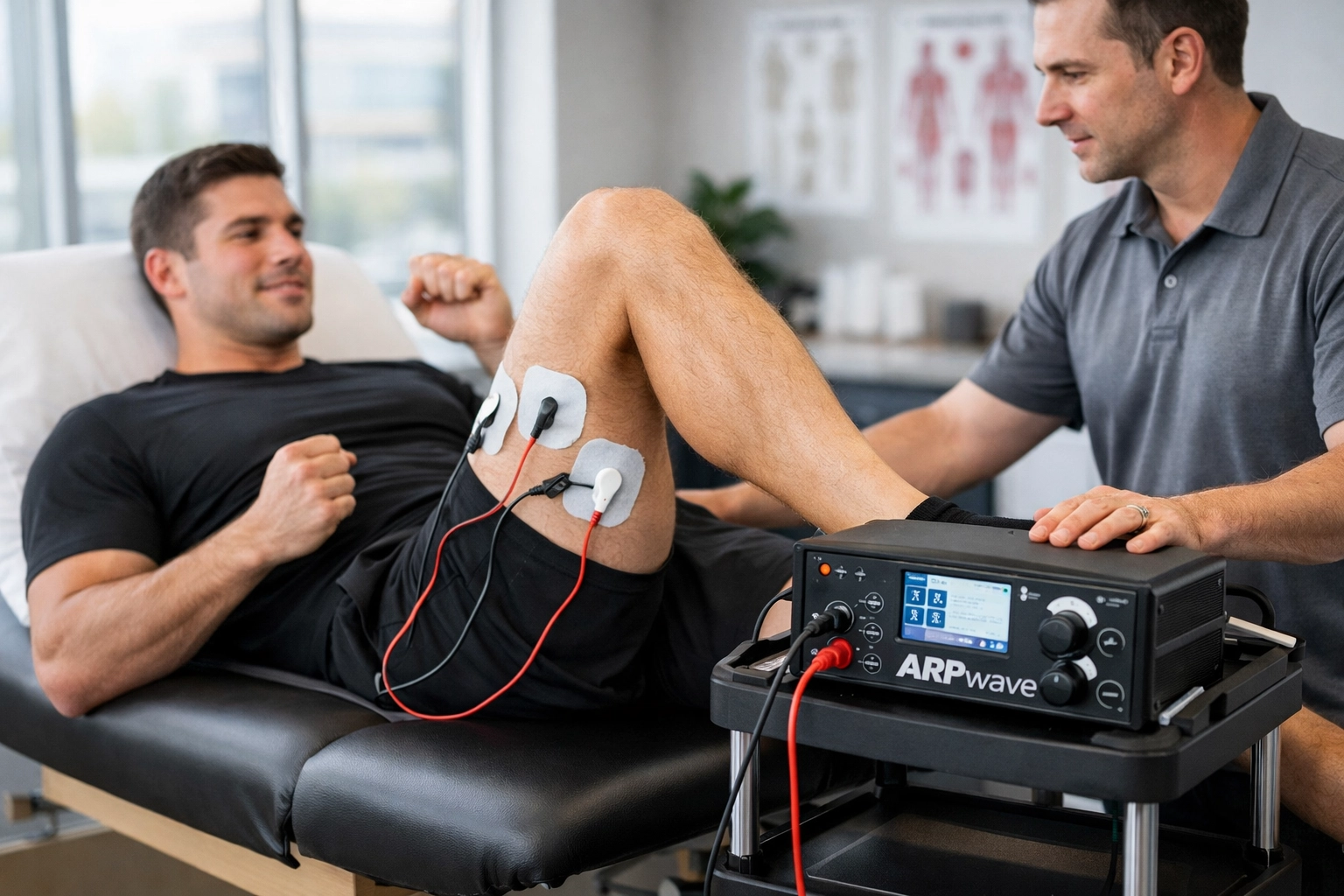 ARP Wave therapy session with patient performing active leg exercise with electrodes