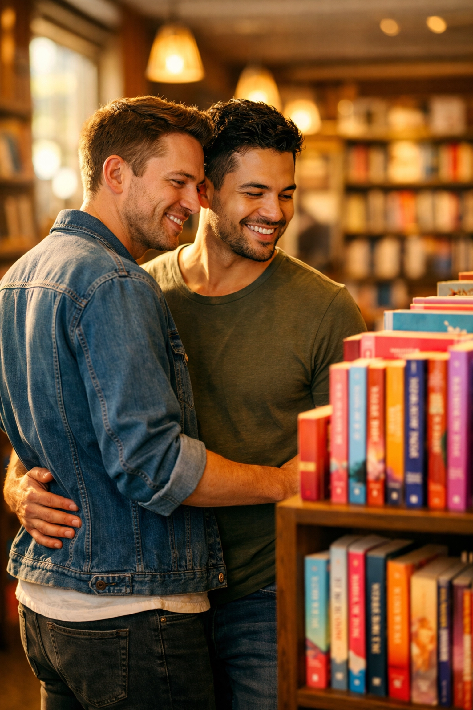 A gay couple smiling while browsing M/M books in a sunny bookstore, showcasing the growth of queer fiction.