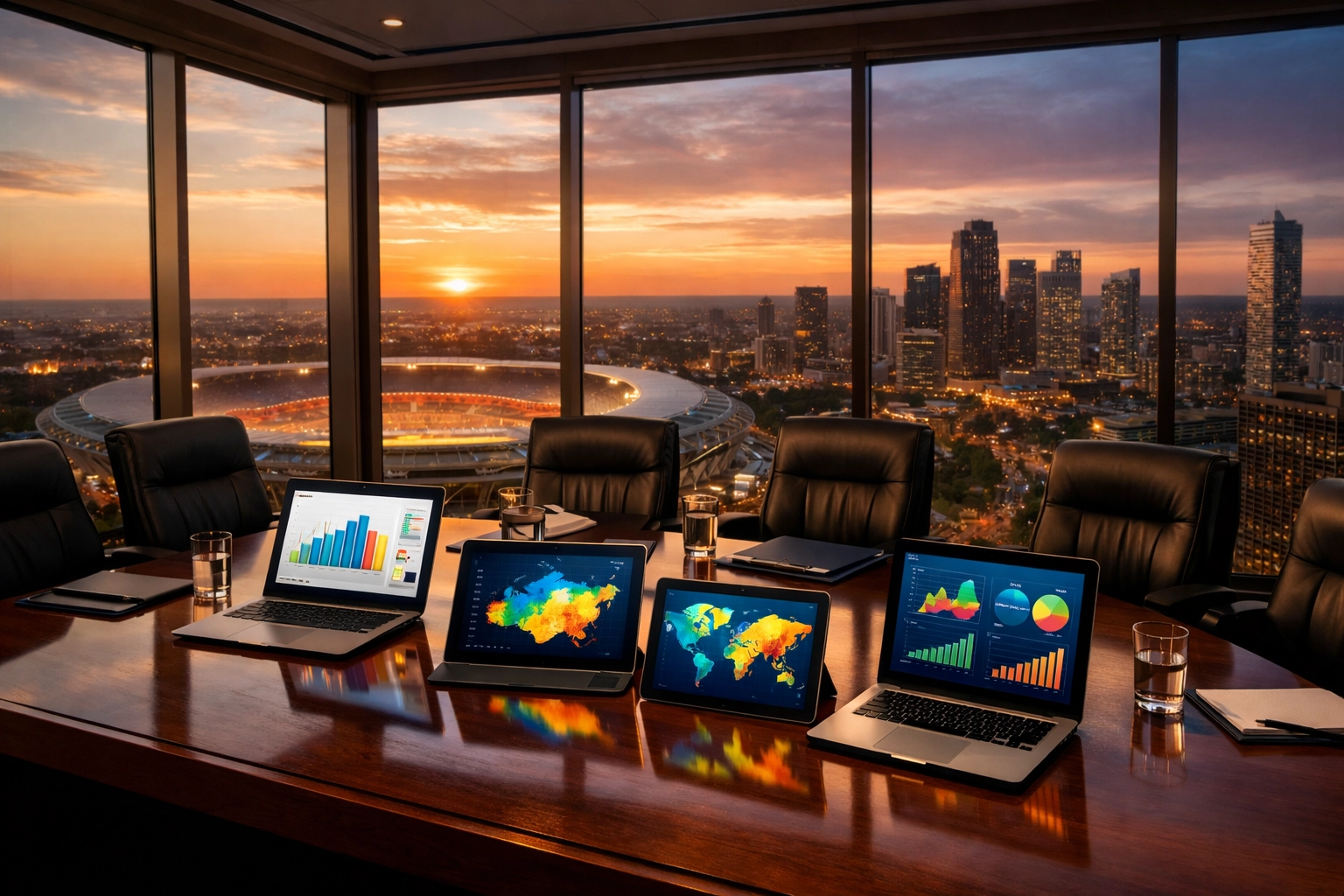 The Ultimate Guide to Super Bowl Sports Marketing: Everything You Need to Succeed Executive boardroom overlooking a sports stadium used for Super Bowl marketing strategy and data analysis.