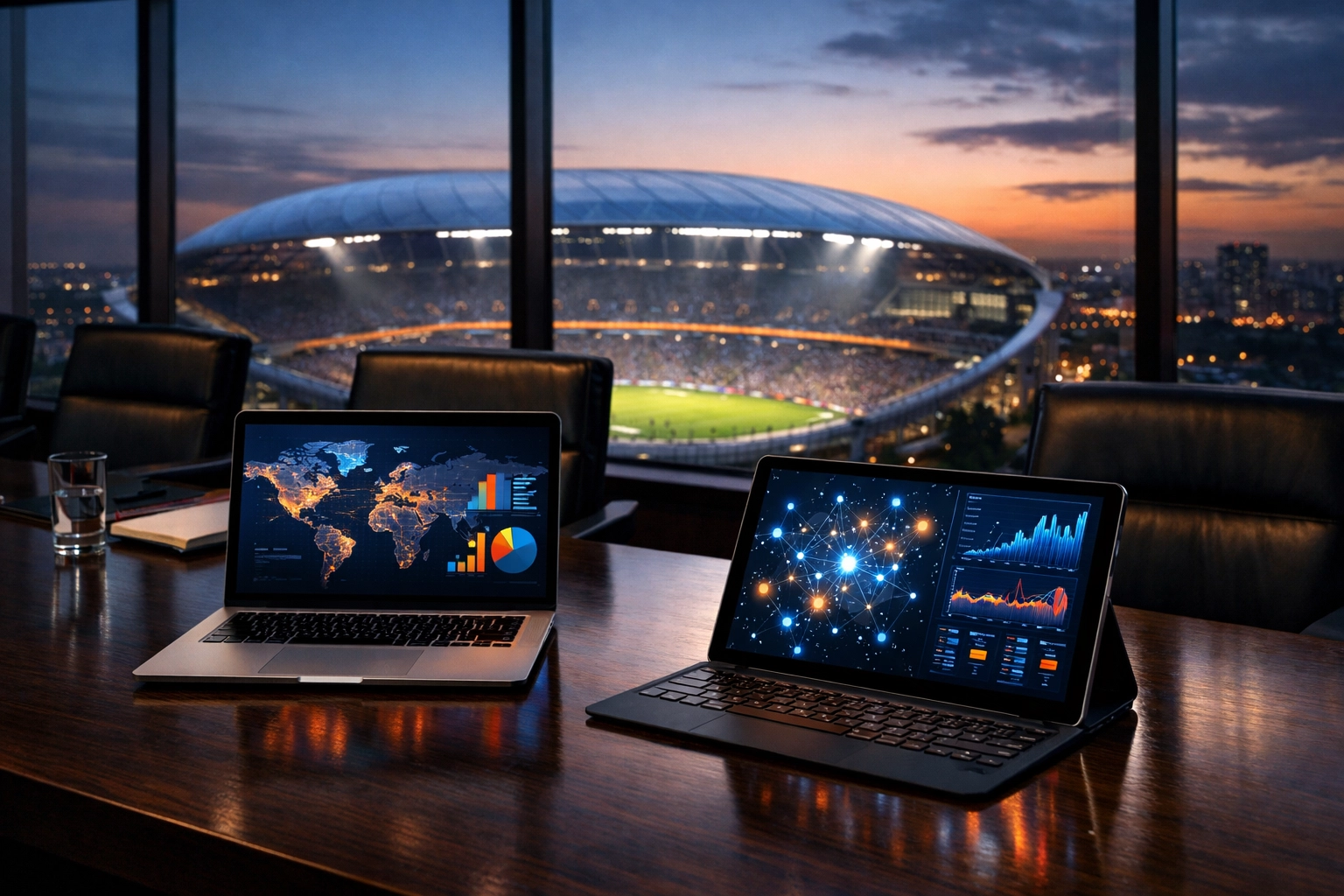 Corporate boardroom with data analytics on a tablet overlooking a sports stadium for NIL campaign scaling.