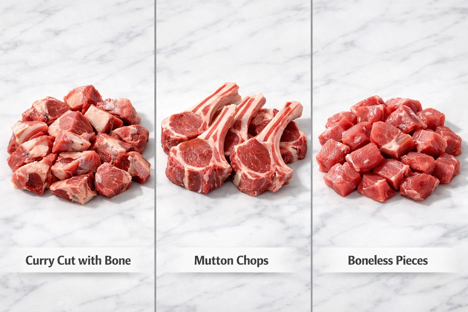 Comparison of goat meat cuts: curry cut with bone, mutton chops, and boneless pieces