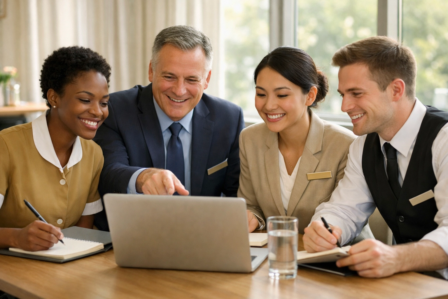 Hotel staff participating in PMS software training session with laptop