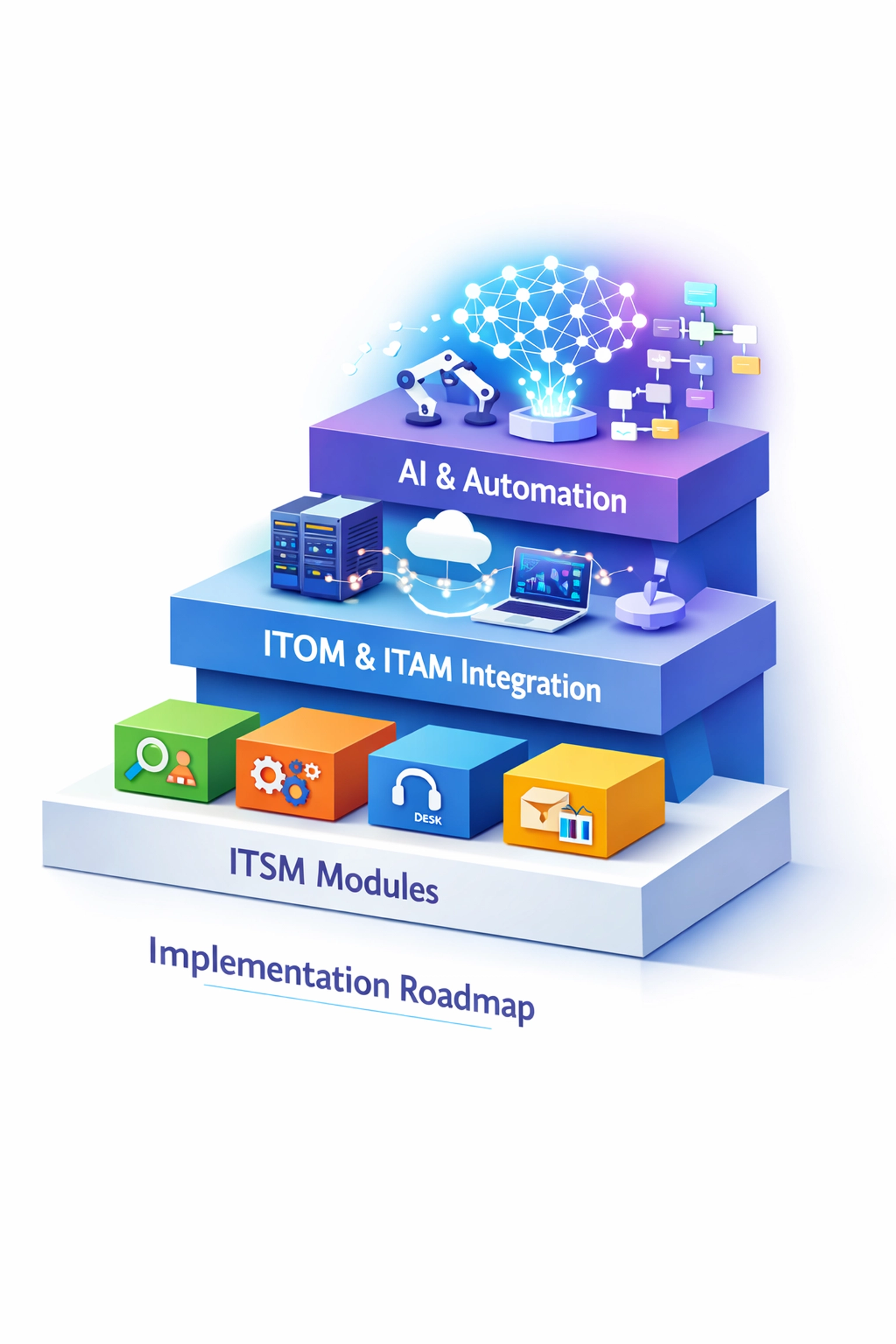 ServiceNow implementation tiers from basic ITSM to advanced ITOM and ITAM integration