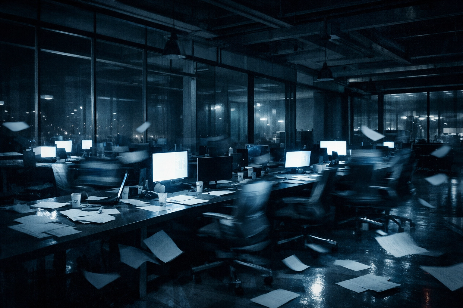 Empty office at night, illustrating management collapse often cited in startup founder interviews.