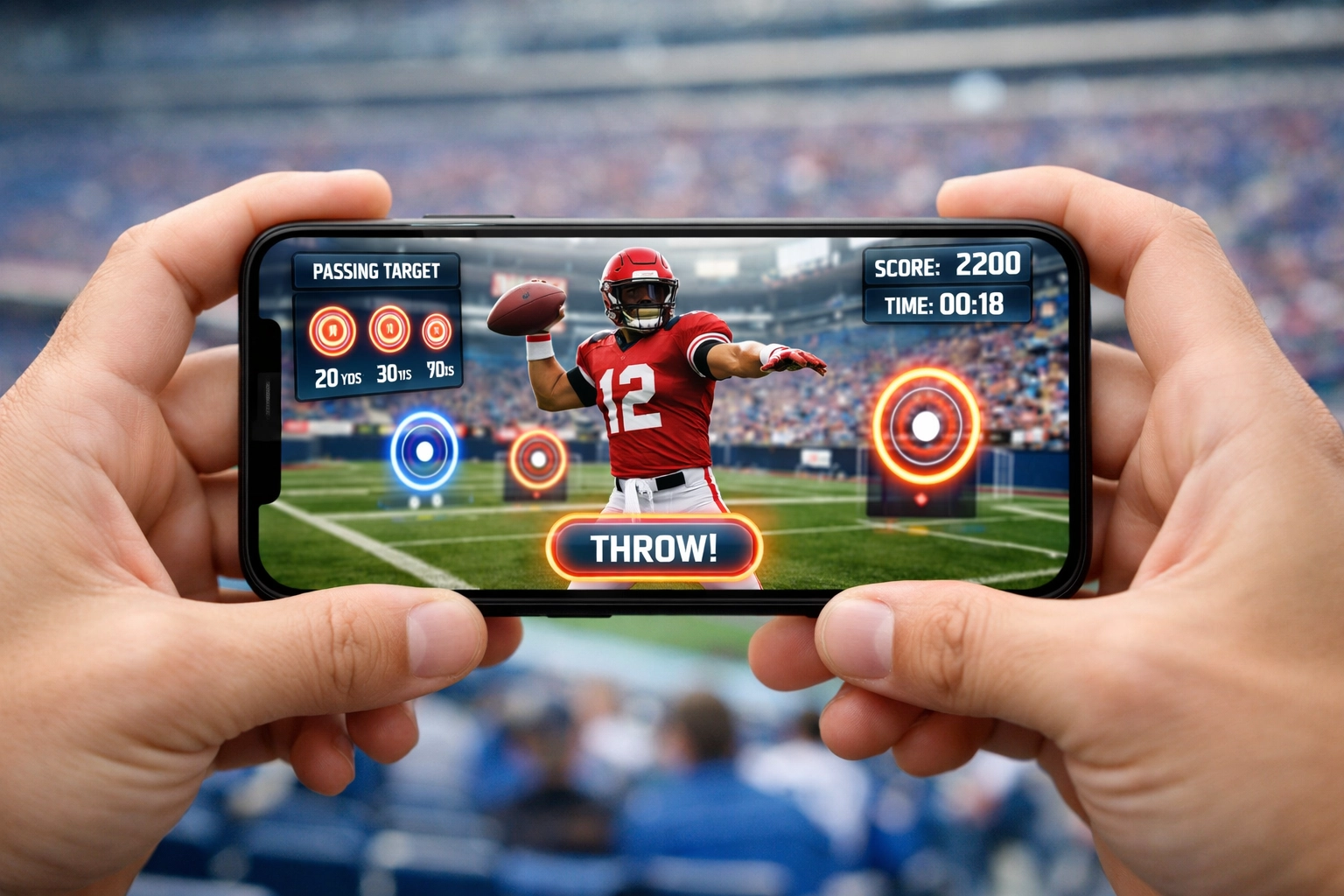Fan using augmented reality sports app on smartphone at stadium for interactive experience