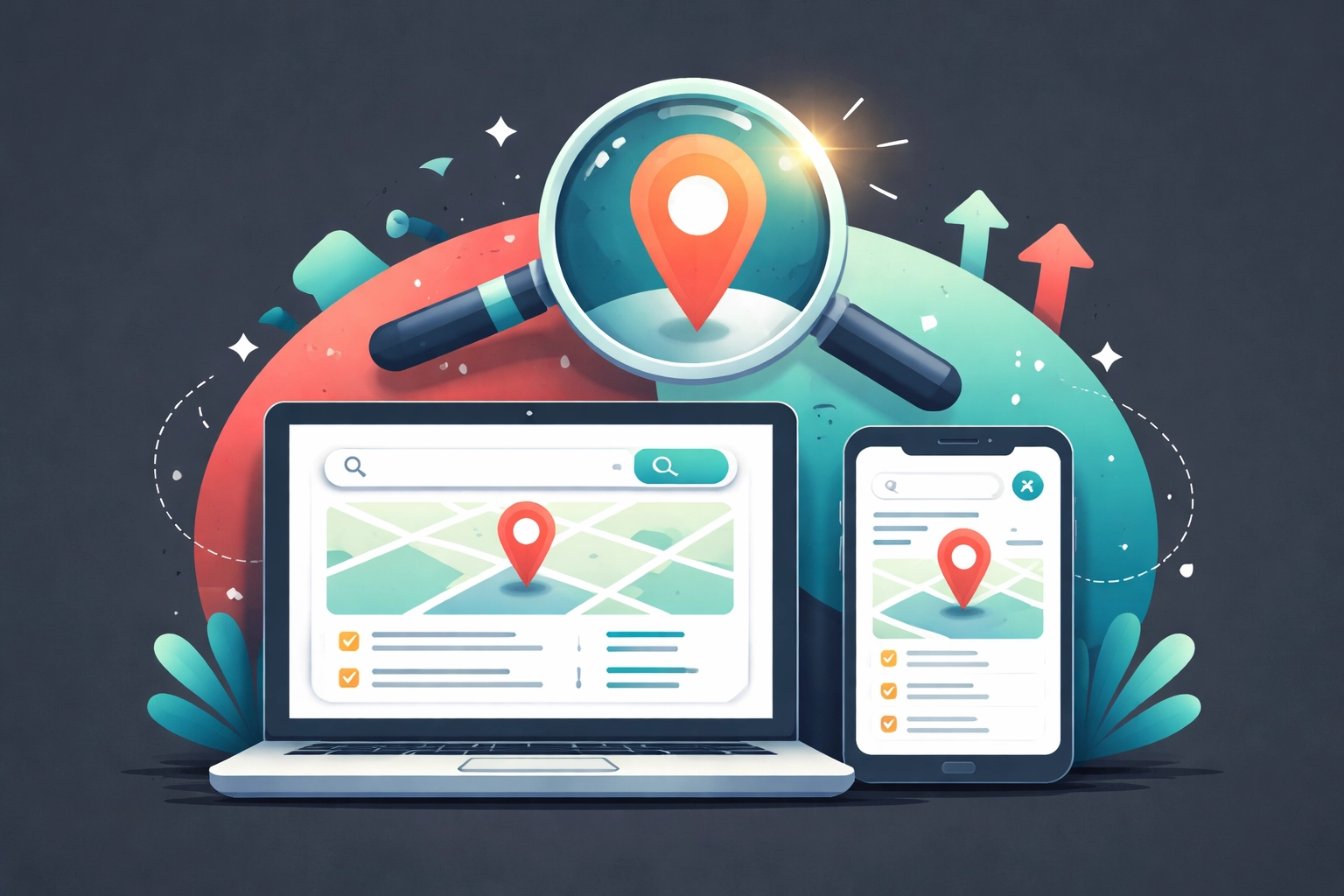 Laptop and smartphone displaying website location markers, representing digital marketing and web design in Chattanooga.