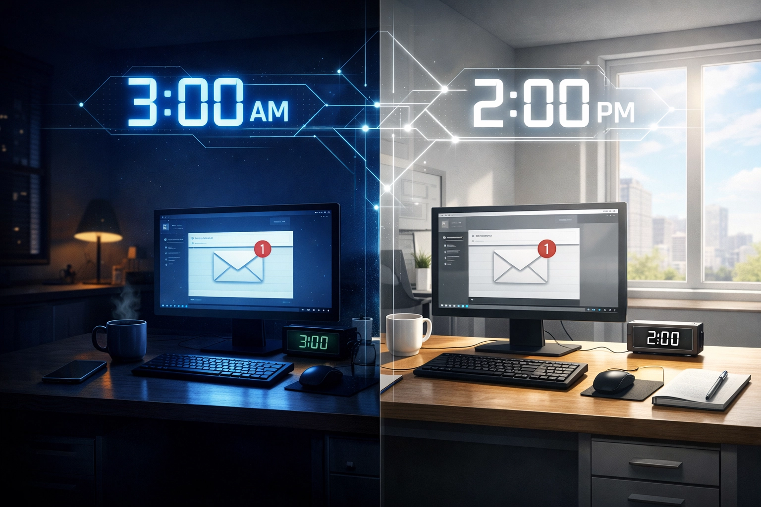 Office desk comparison showing suspicious email timing at 3 AM versus normal business hours