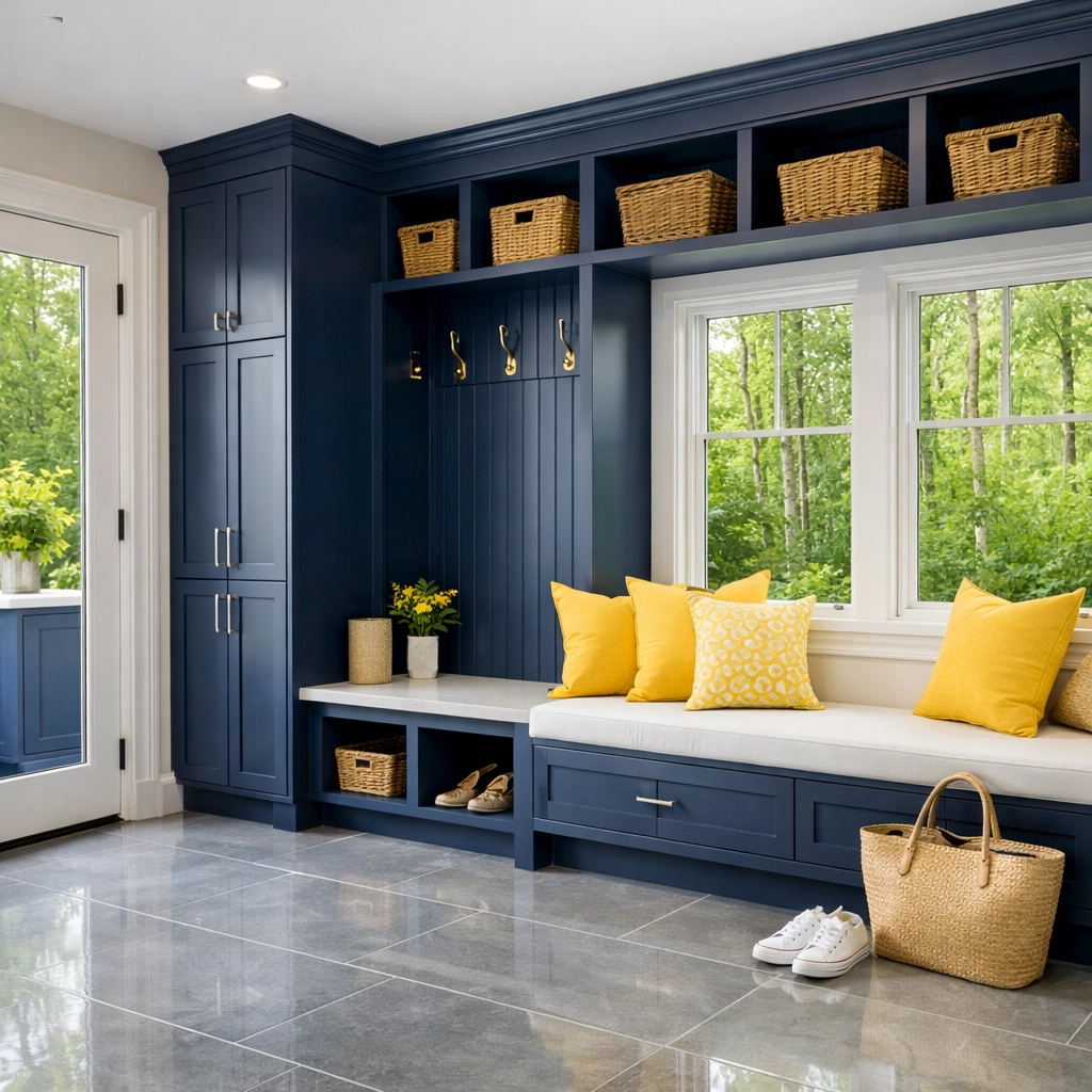 Pristine mudroom in a Carlisle estate kept spotless through regular weekly house cleaning services.