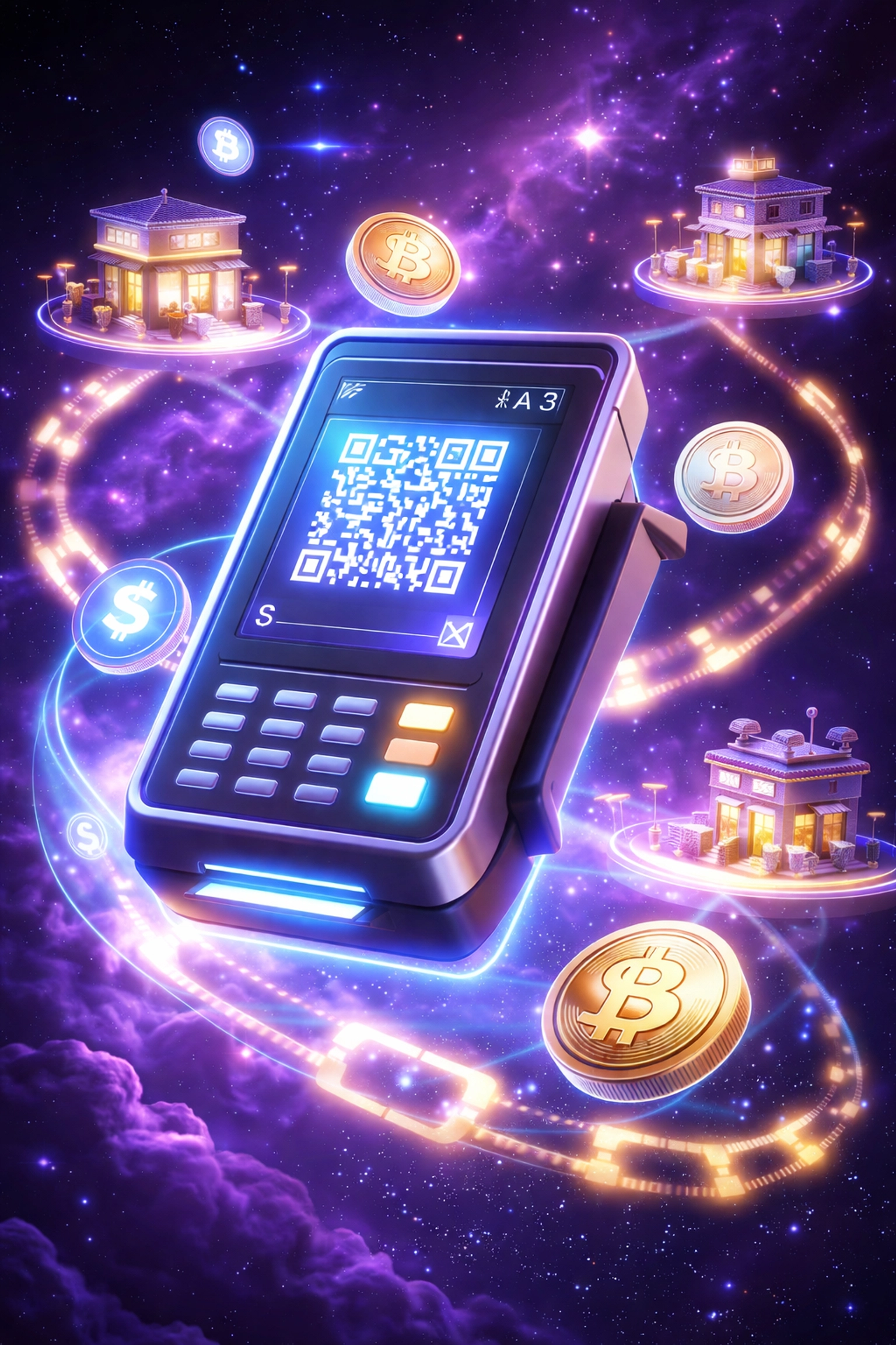Futuristic crypto POS terminal with QR codes connecting small business storefronts through blockchain