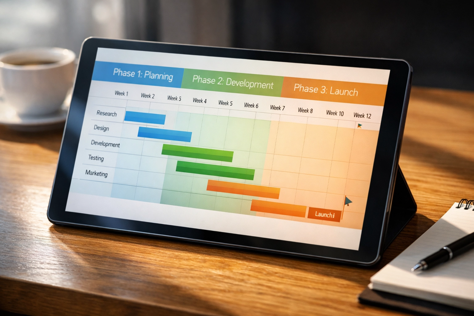 Super Bowl advertising timeline showing three-phase campaign strategy on digital tablet