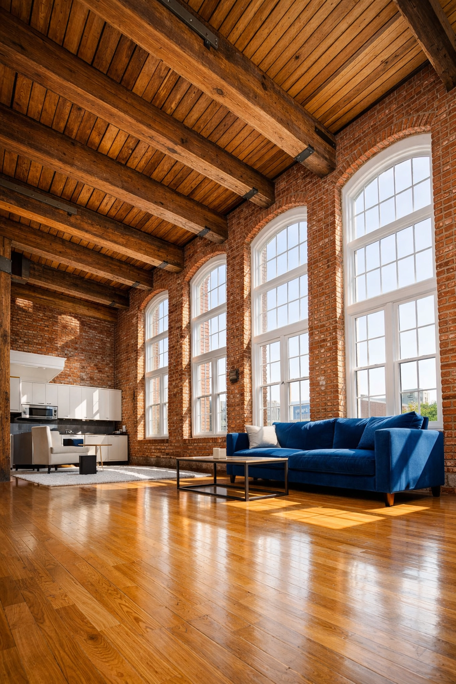 Spotless hardwood floors and historic brick walls after a professional deep cleaning Lowell session.