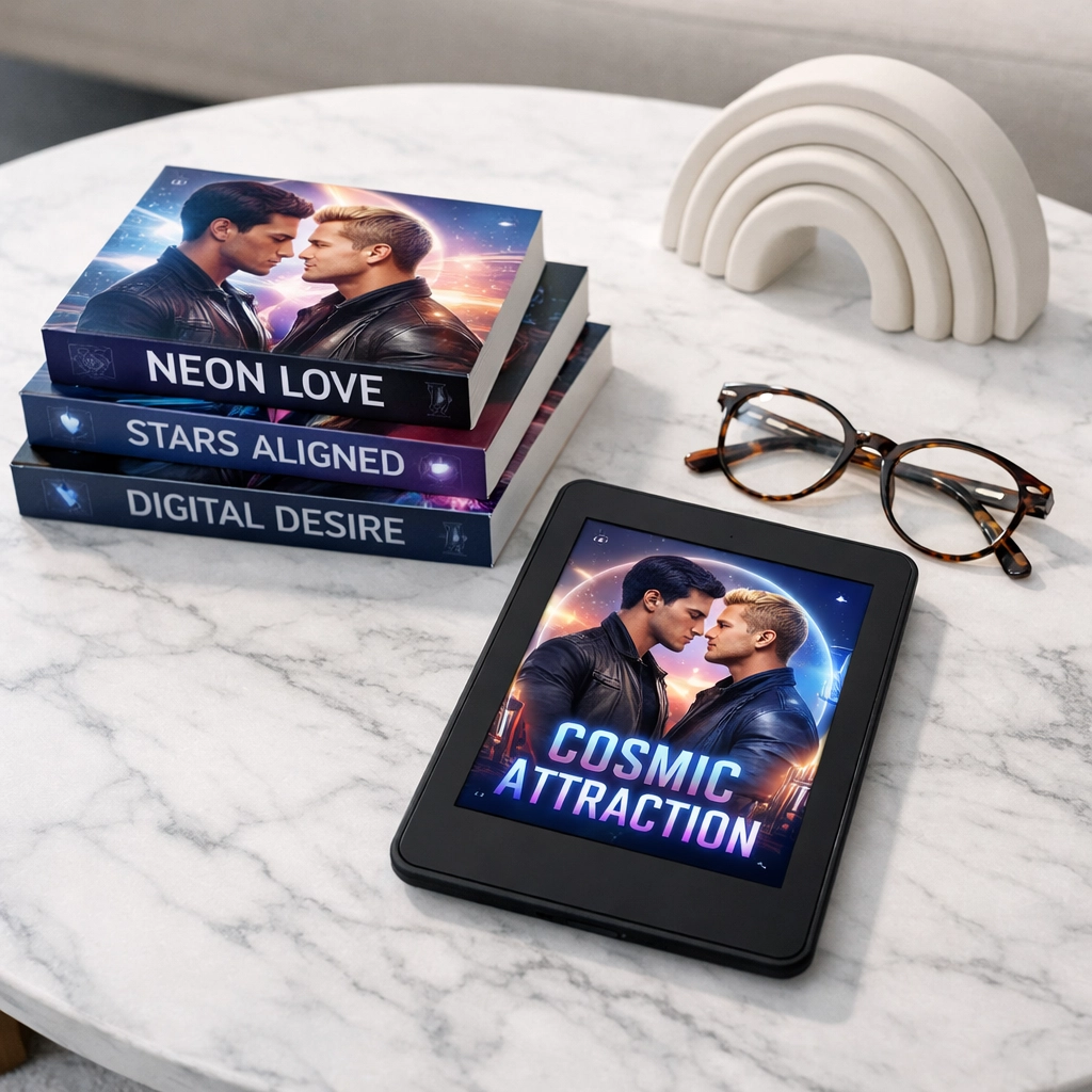 A modern reading nook with 2026 MM romance books and an LGBTQ+ ebook reader.