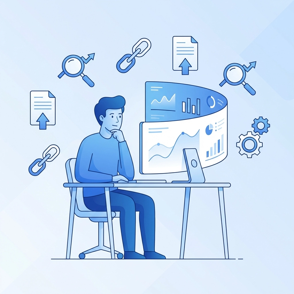 Person analyzing SEO data at a desk, illustrating traditional SEO strategies for better website authority