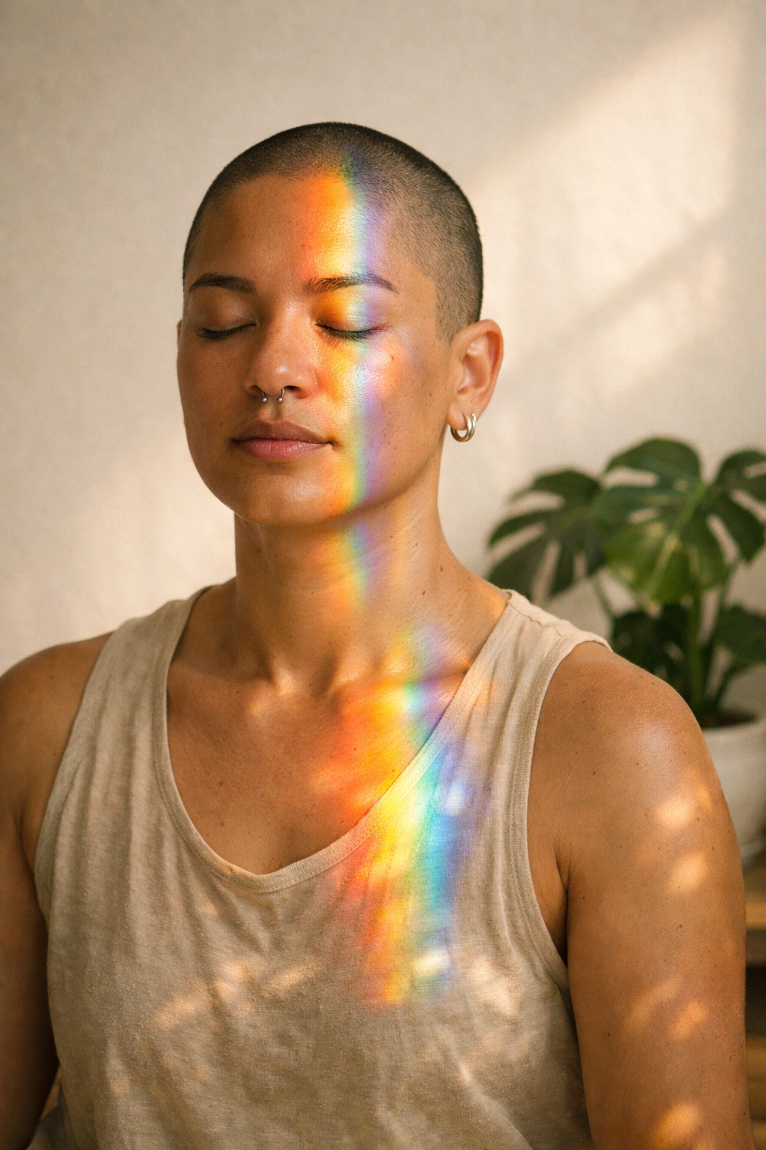 Queer person meditating in rainbow light, symbolizing the spiritual side of LGBTQ+ identity and authenticity.
