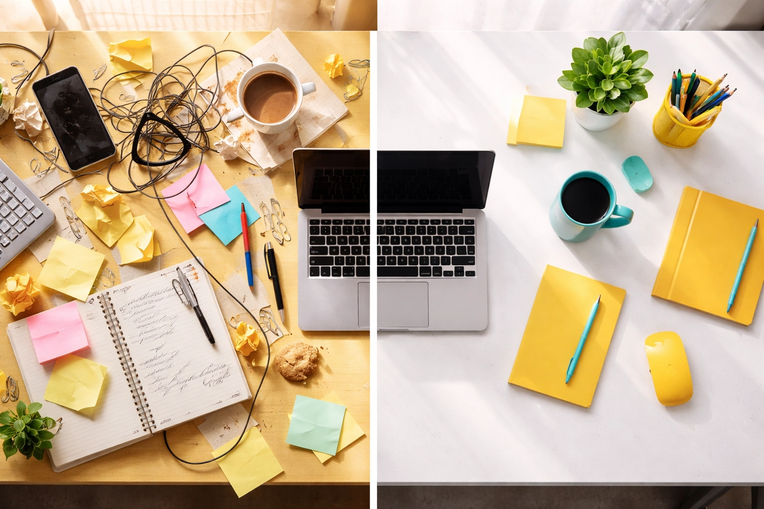 A desk half cluttered and half tidy symbolizes WordPress website cleanup for better performance and SEO.