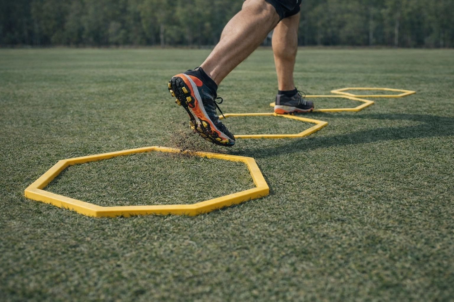 Close-up of explosive footwork during hexagon agility drill showing proper technique and power