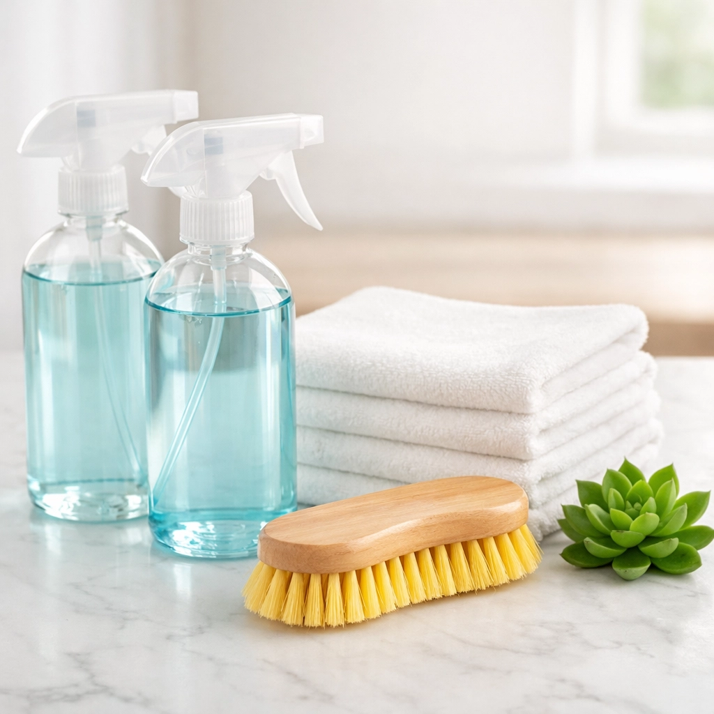 Eco-friendly cleaning supplies and tools used for professional janitorial services Massachusetts in a modern business.