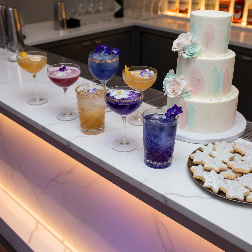Elegant bar setup with six colorful cocktails, a pastel three-tier cake with flowers, and star-shaped cookies on a marble counter.