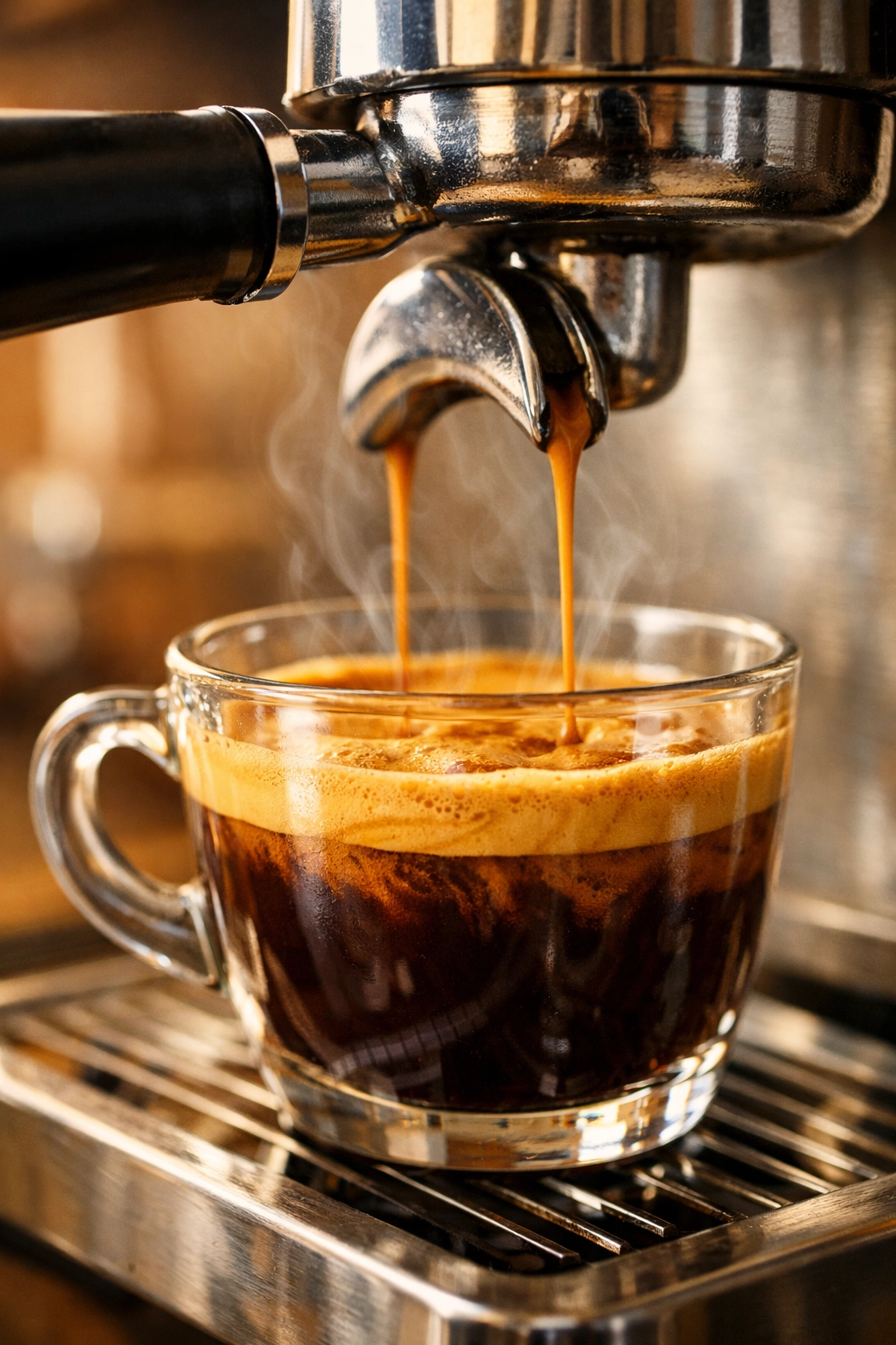 Fresh espresso extraction with rich golden crema filling a glass cup from a portafilter.