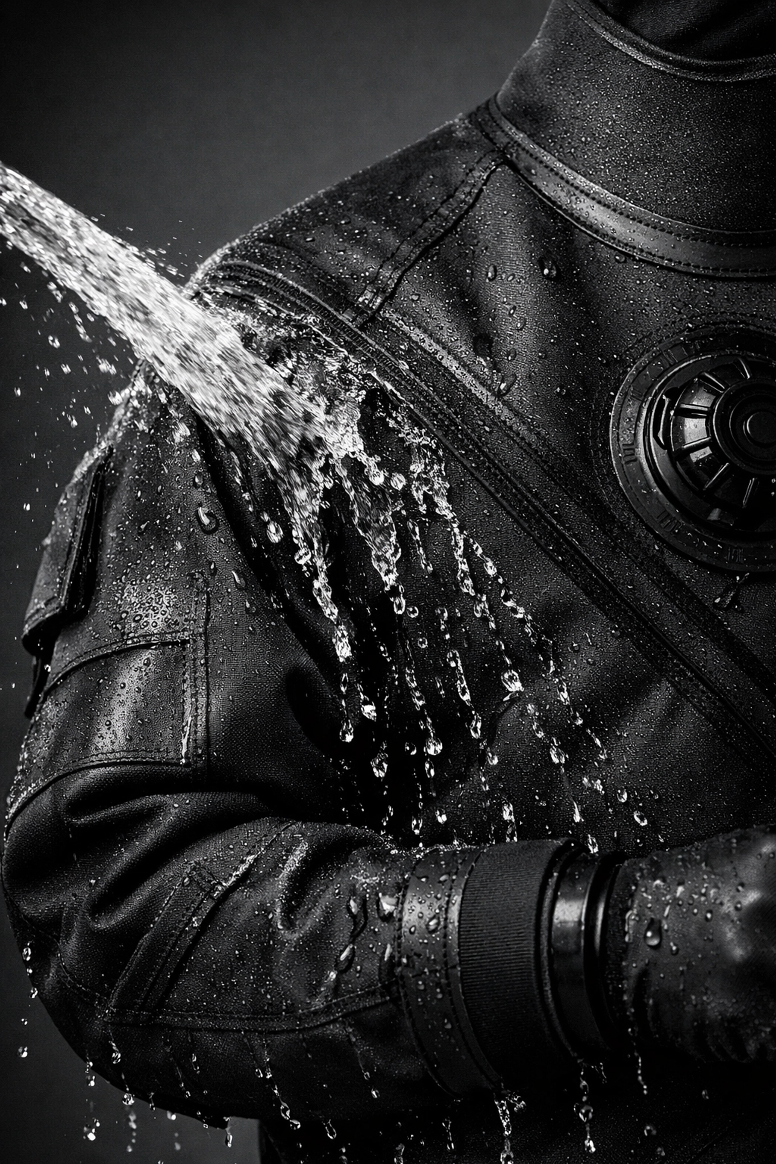 Pflege eines Trockentauchanzugs: Abspülen von Salz und Schmutz mit frischem Wasser.