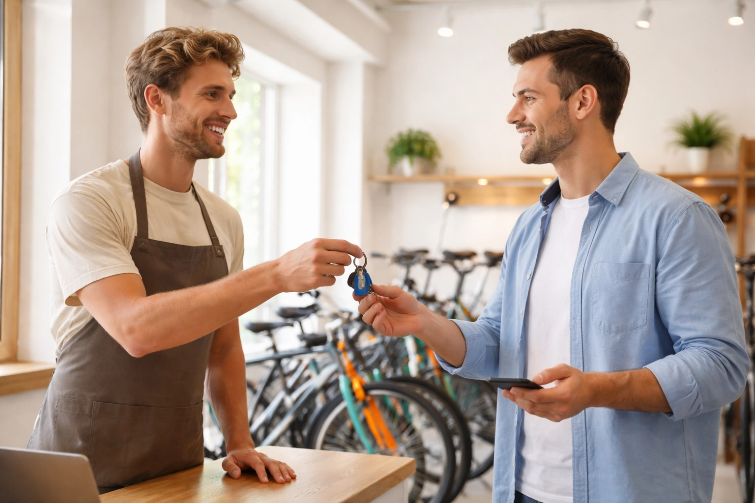 Bike rental shop staff handing keys to a customer using a smartphone, demonstrating a smooth digital handover process