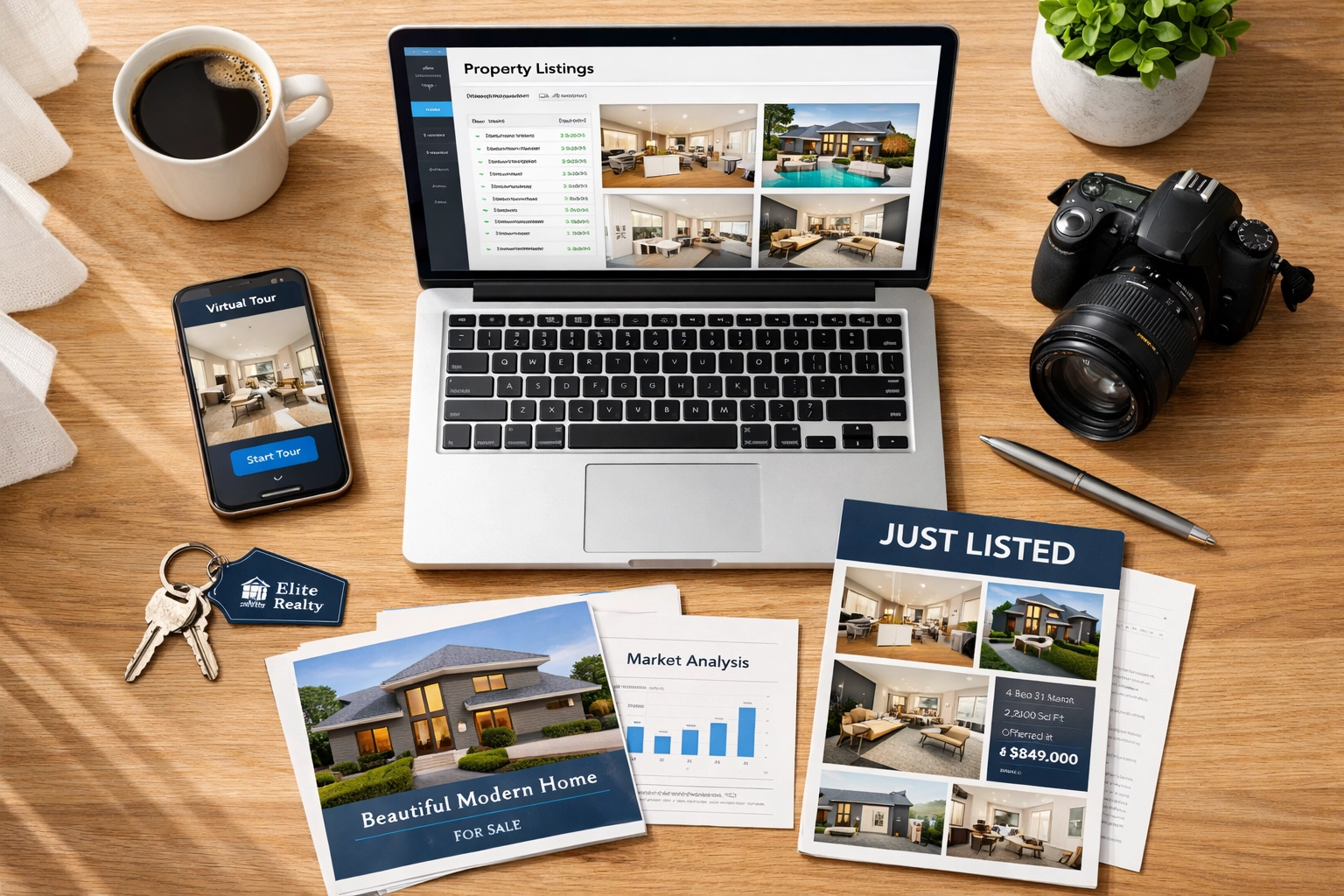 Professional FSBO marketing tools including laptop, camera, and real estate listing materials