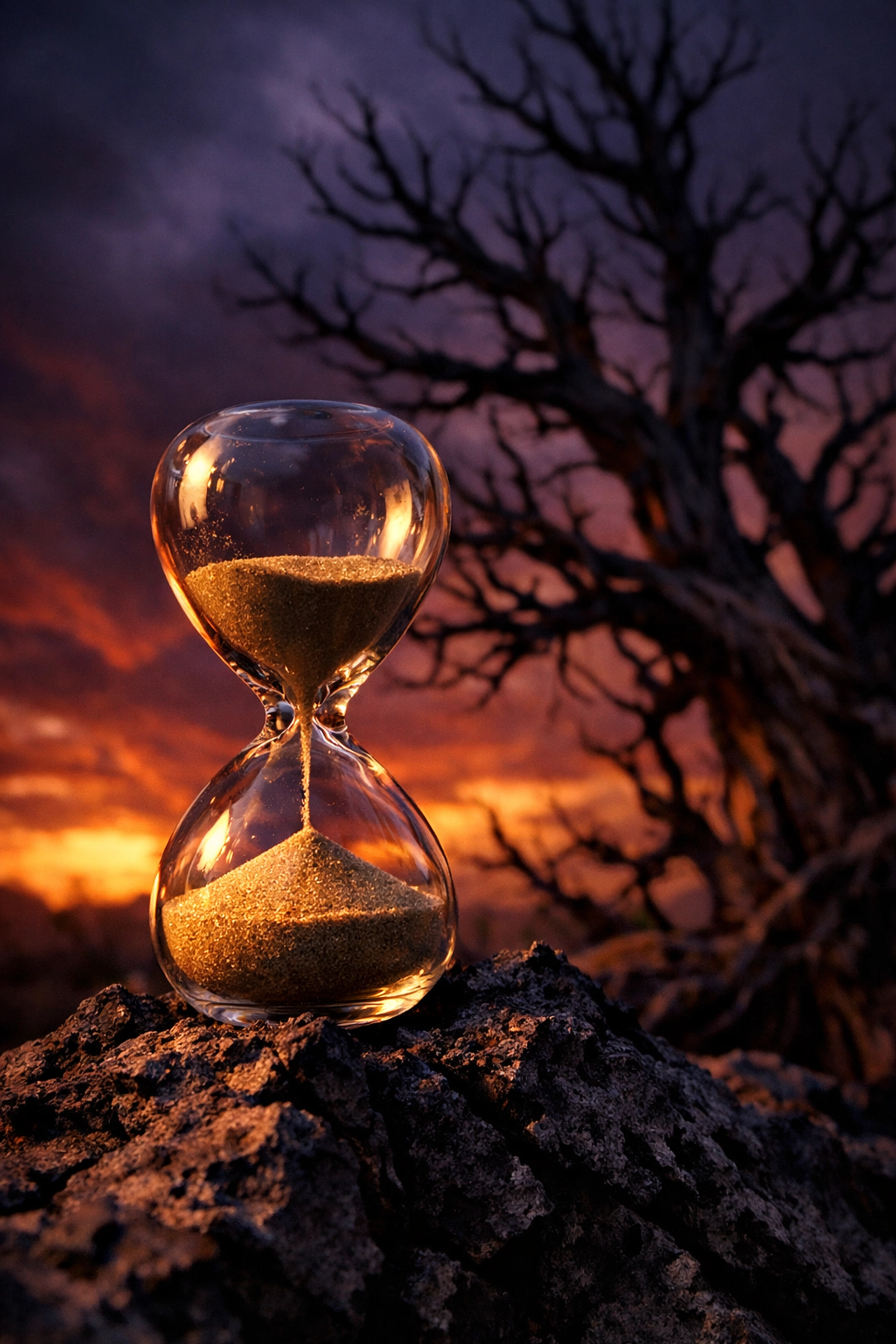 Hourglass on high desert lava rock symbolizing the finite value of time and life as a fraction.