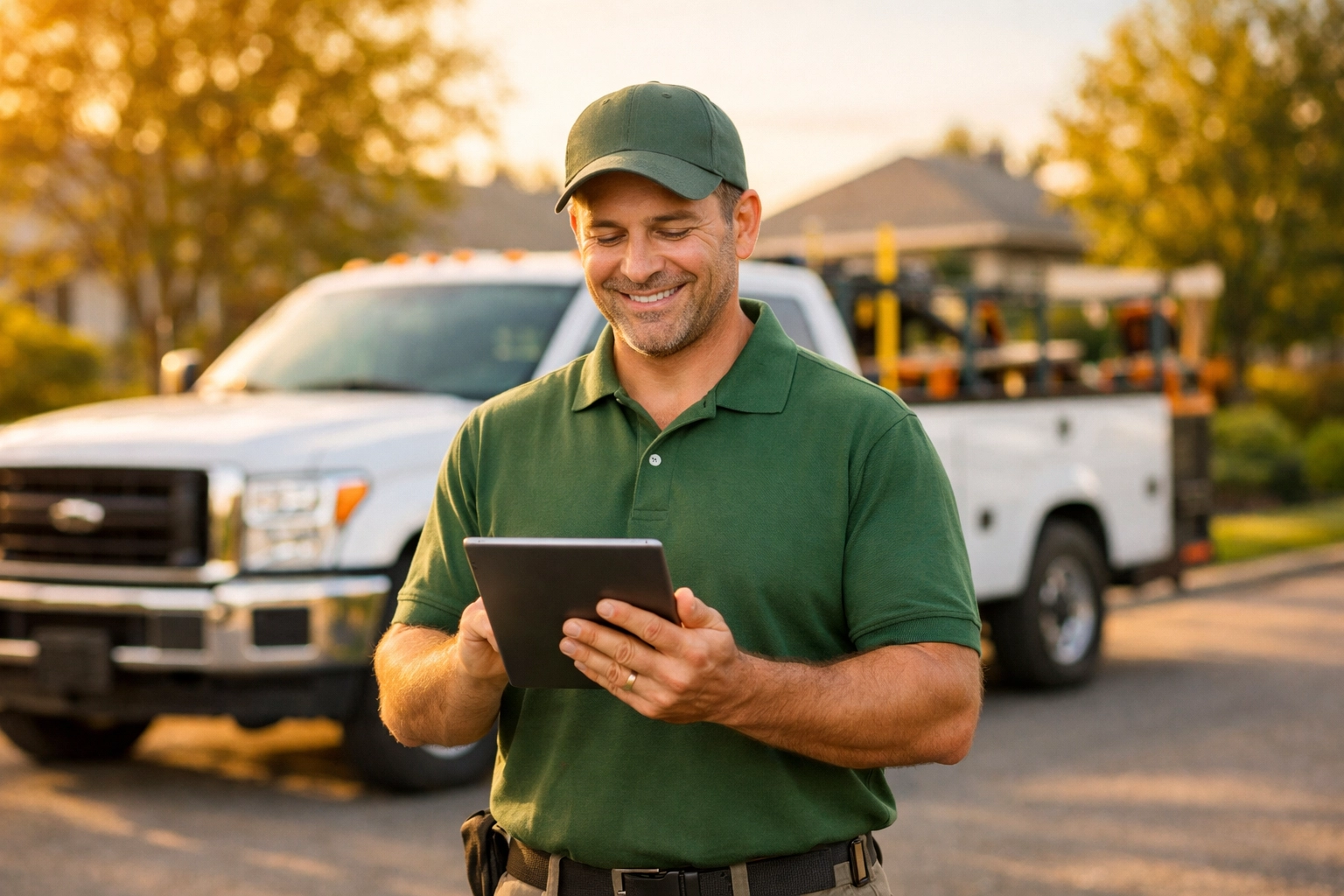 Landscaping business owner managing working capital on a tablet in front of a service truck.