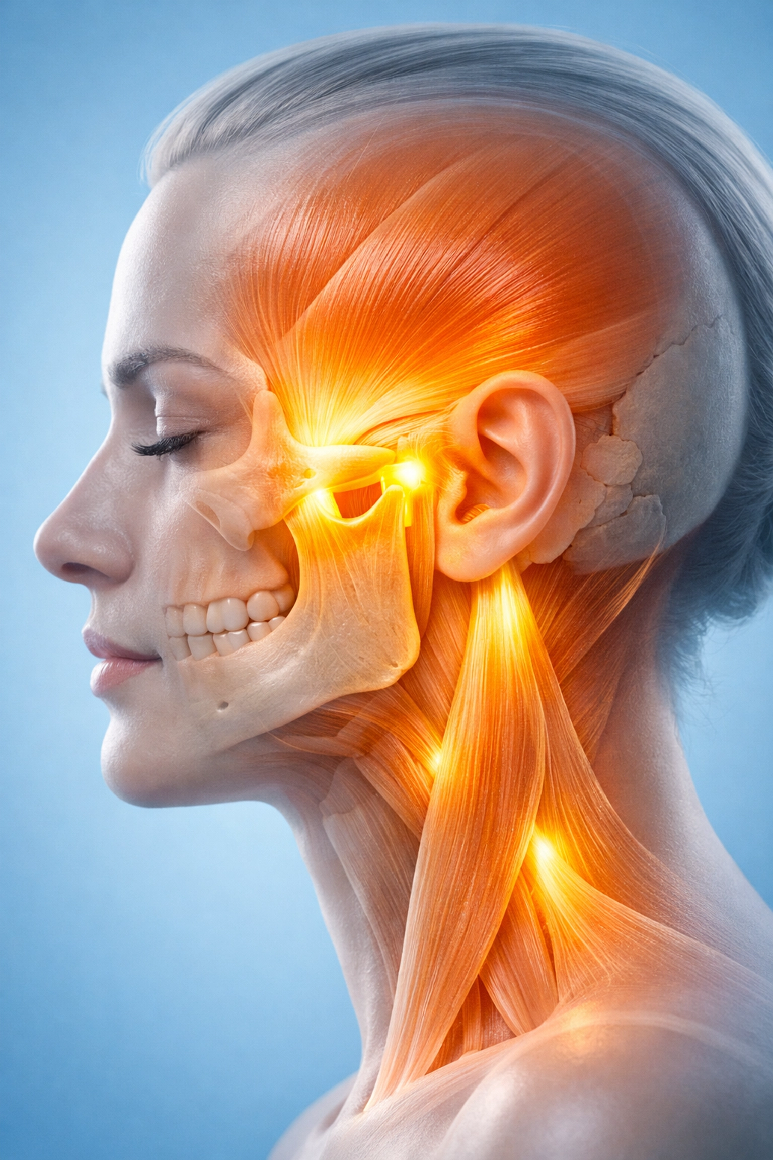Medical illustration of tension radiating from the TMJ to temples, causing TMJ headaches.