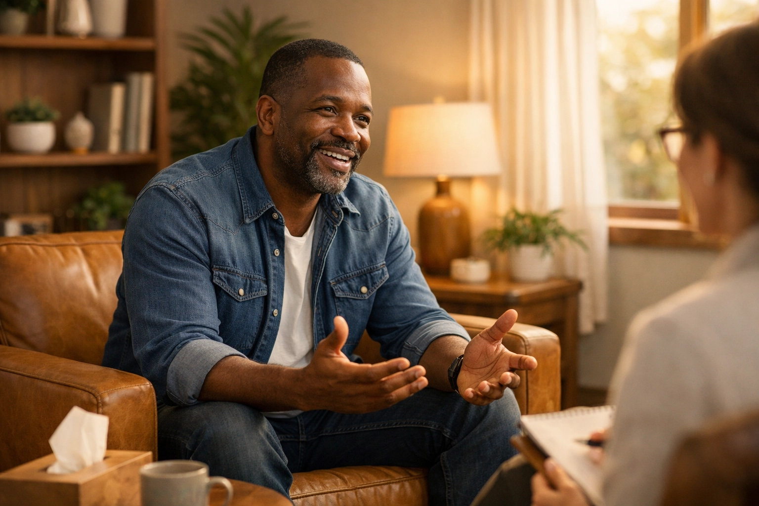 Black man engaged in therapy session taking steps toward healing from adverse childhood experiences