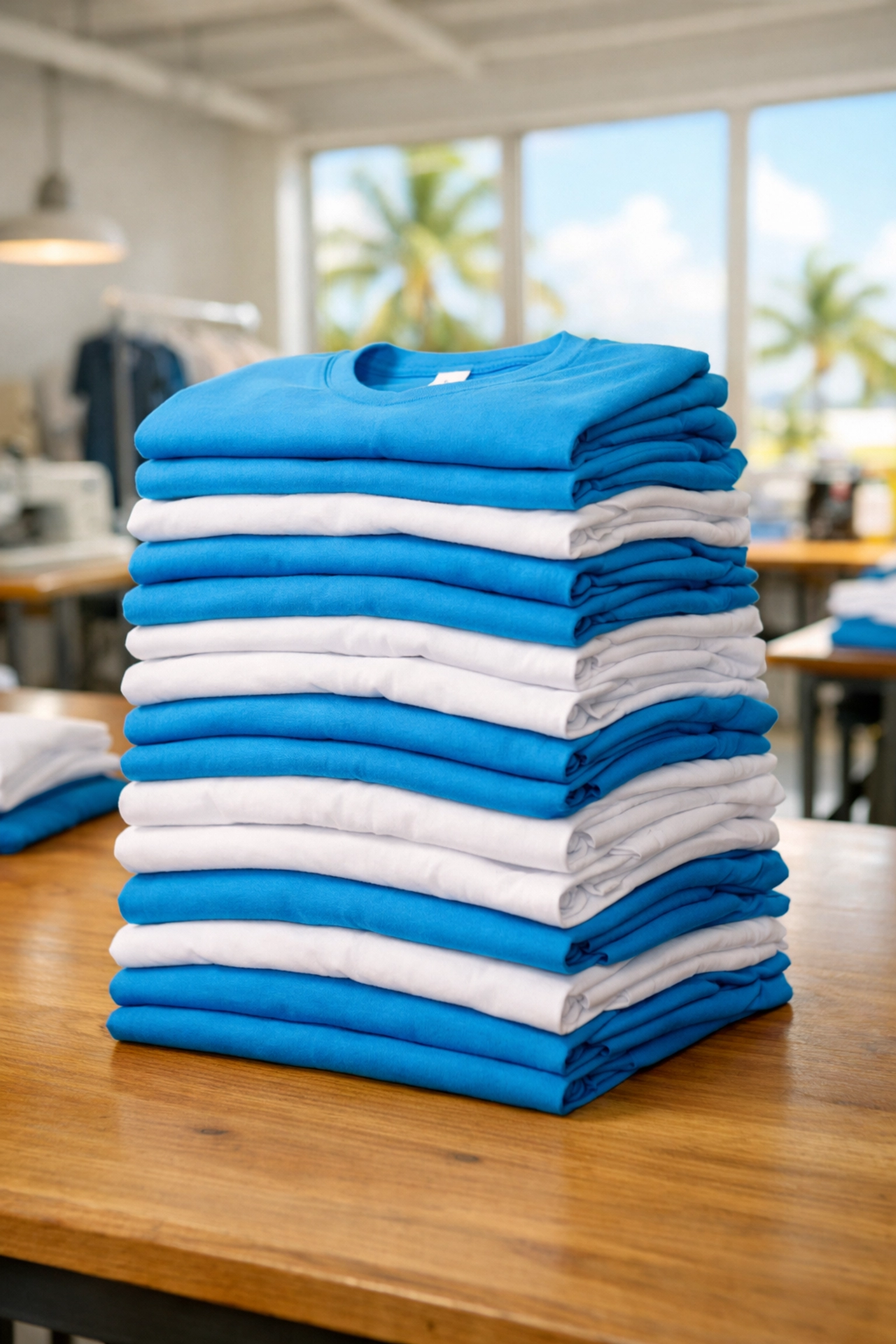 Stacks of neatly folded custom blue and white t-shirts for a local Kona sports team.