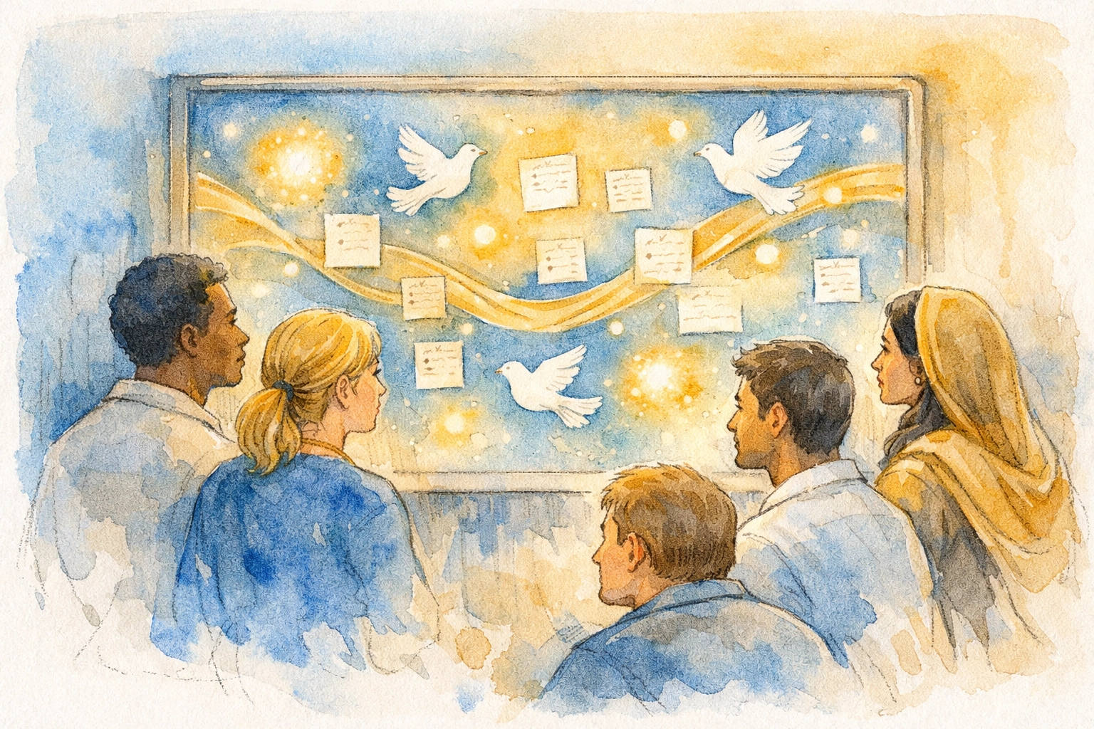 Community gathered around digital prayer board sharing faith and hope together