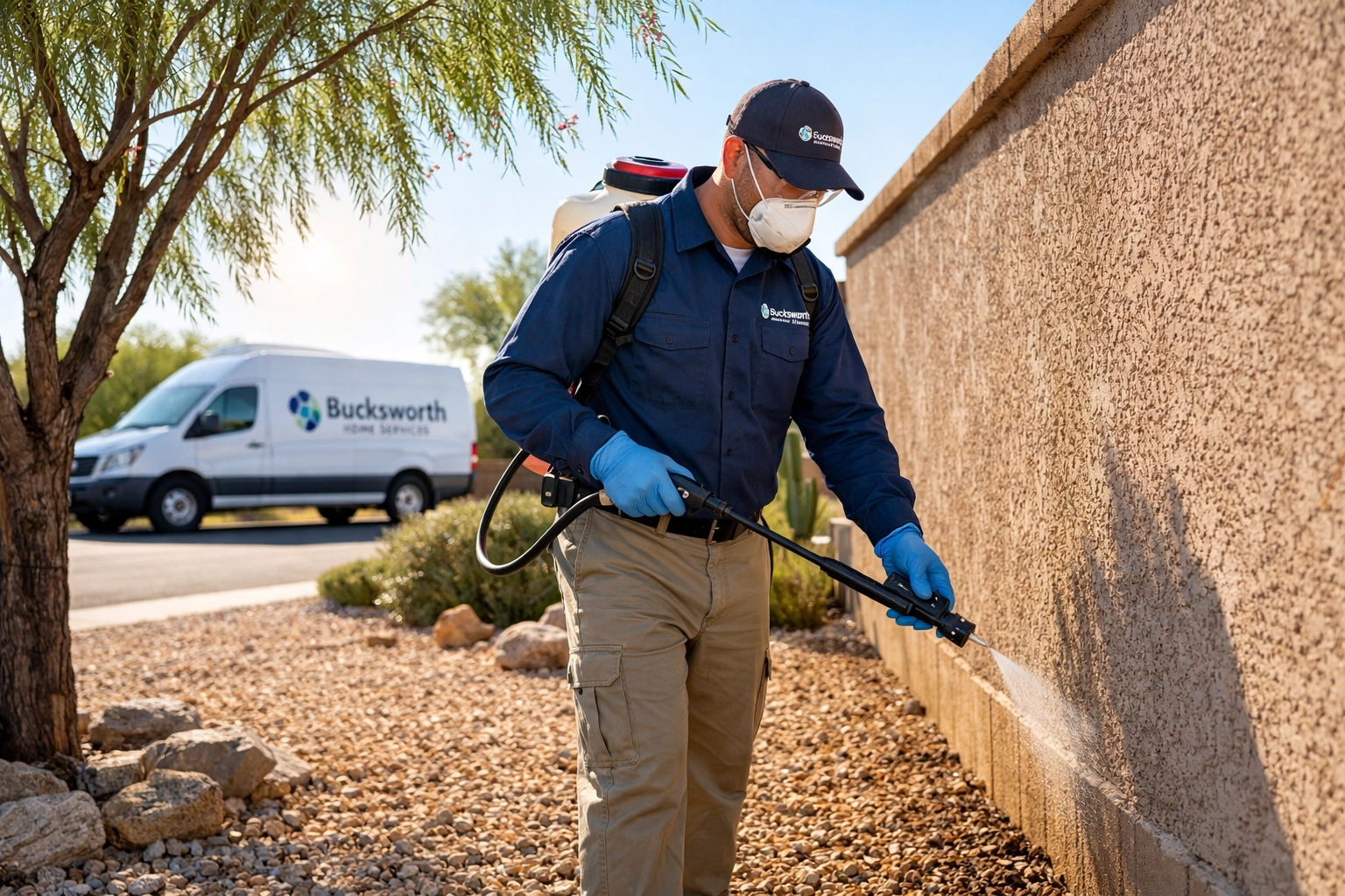 Bucksworth technician performing professional desert weed prevention in an El Mirage, AZ residential backyard.