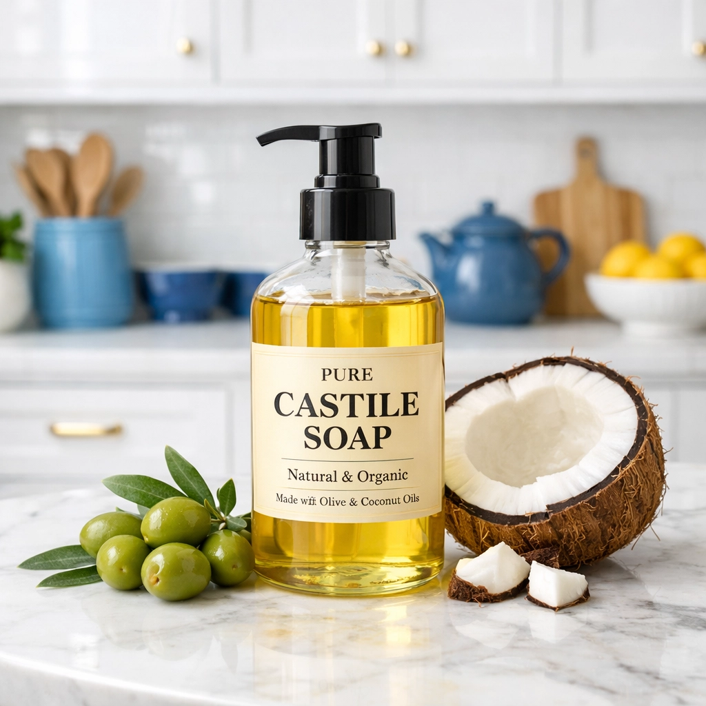 Natural Castile soap bottle on a marble countertop, demonstrating eco-friendly green cleaning ingredients.